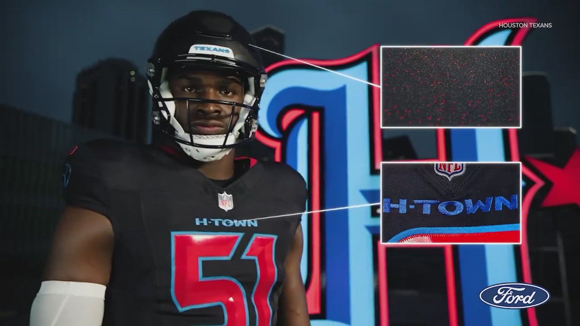 The uniform features a new color called H-Town blue. They're the first team in NFL history to introduce a new logo on an alternate helmet & a 2-logo helmet system.