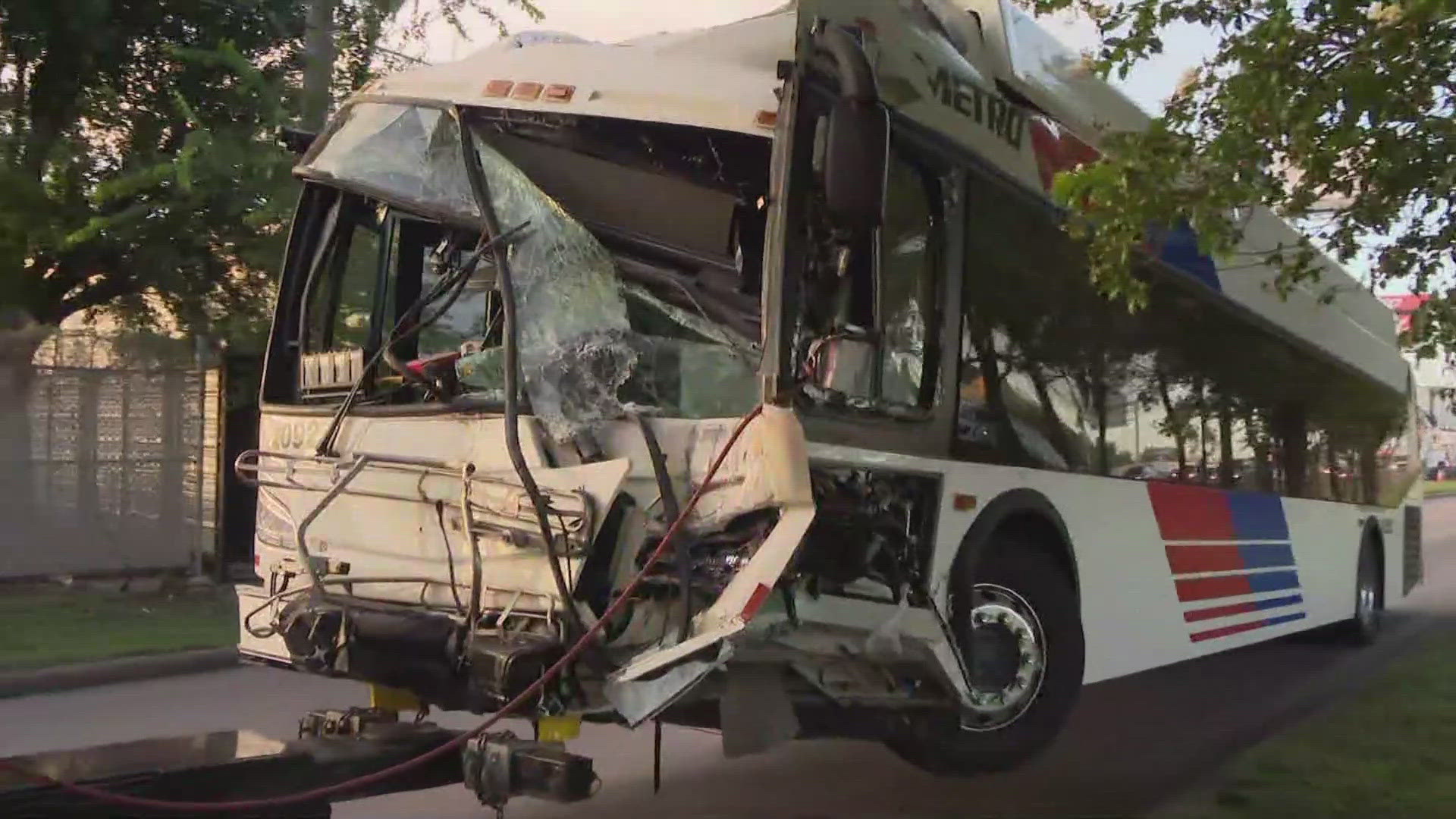 METRO said no passengers were on the bus. The driver was taken to a hospital with non-life-threatening injuries.
