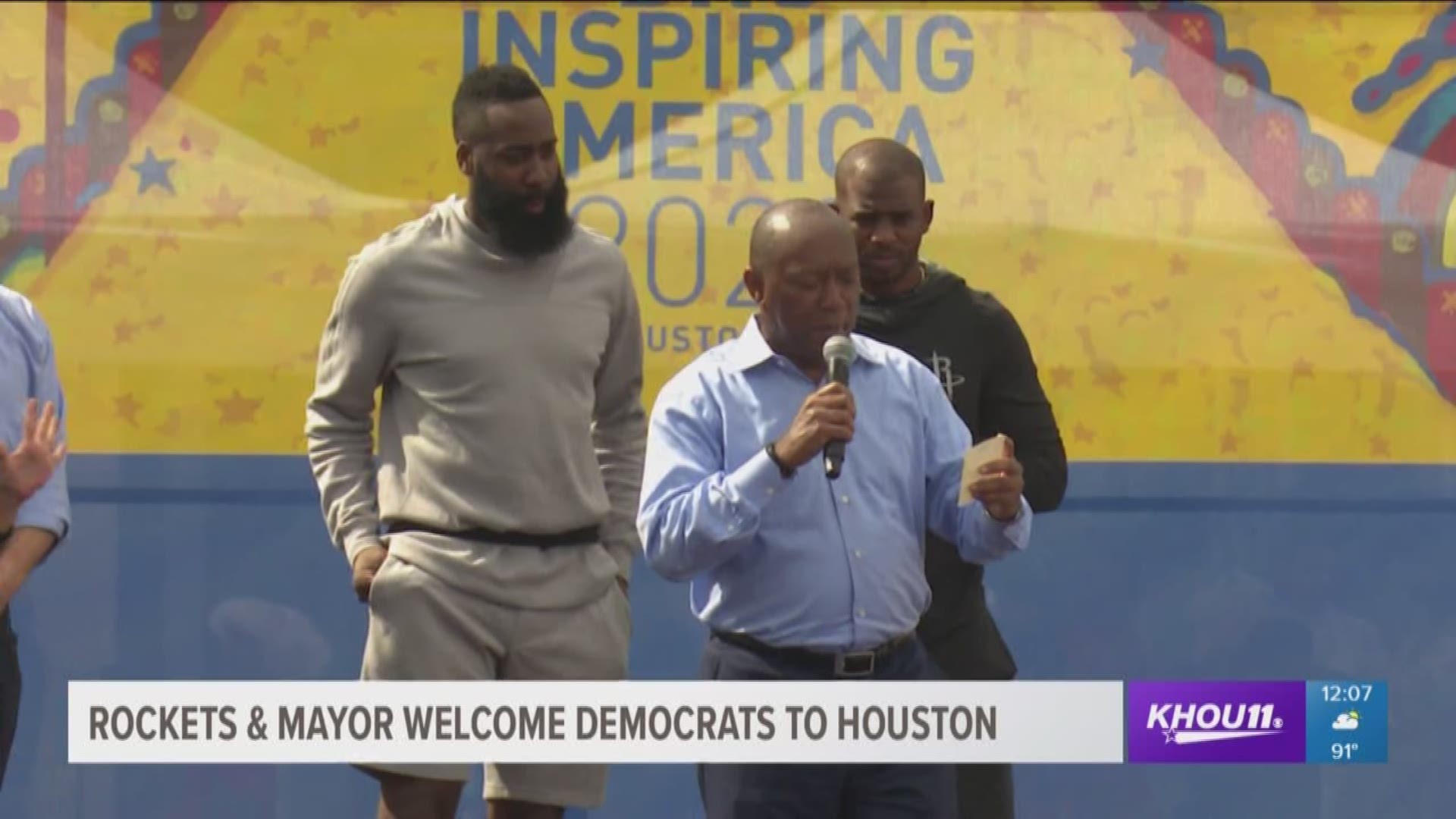 Houston Rockets stars James Harden and Chris Paul helped Mayor Turner roll out the blue carpet on Thursday as the City of Houston hopes to become the next city to host the 2020 Democratic National Convention. 