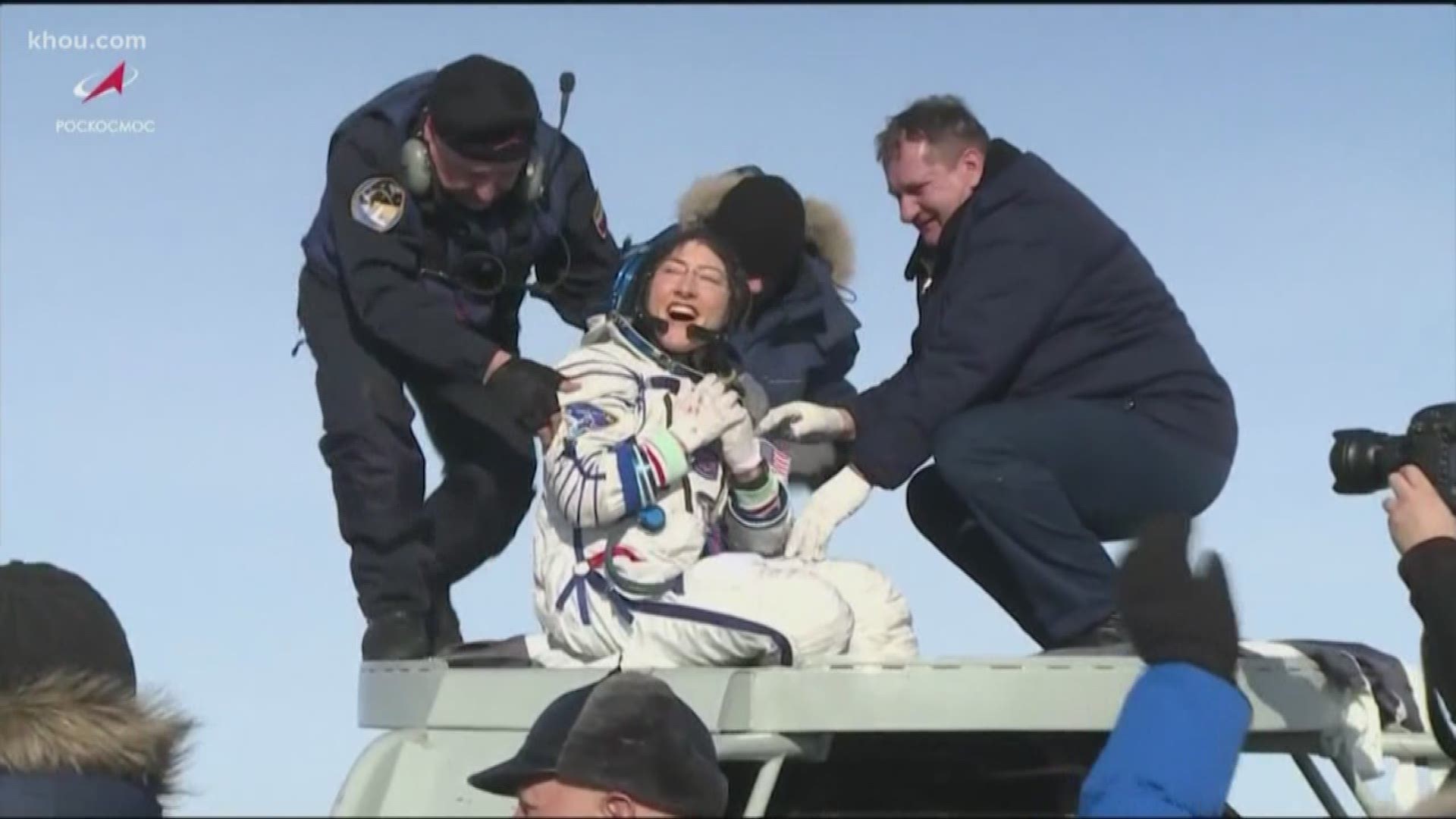Koch radiated joy as she took her first breaths of fresh air. The American astronaut is home after spending nearly a year in space.