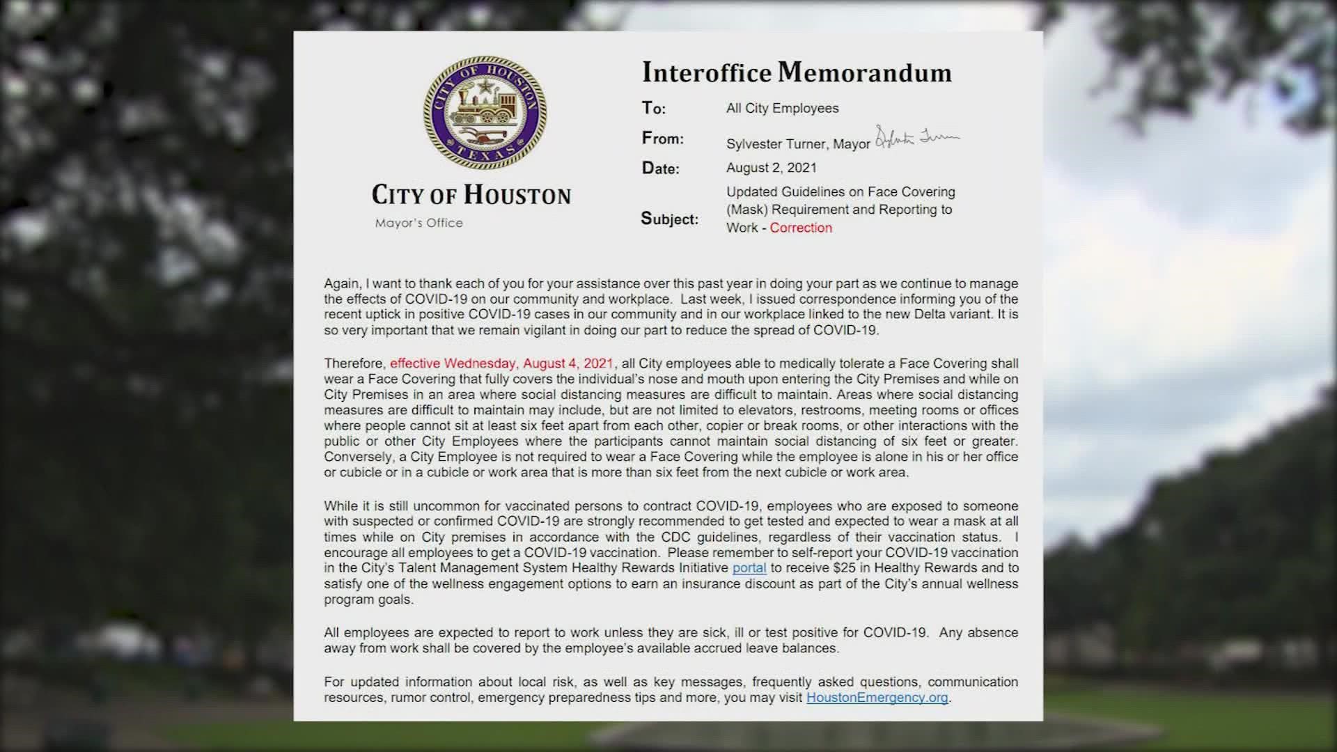 Mayor Sylvester Turner sent a memo to all city employees Monday about the mandate.