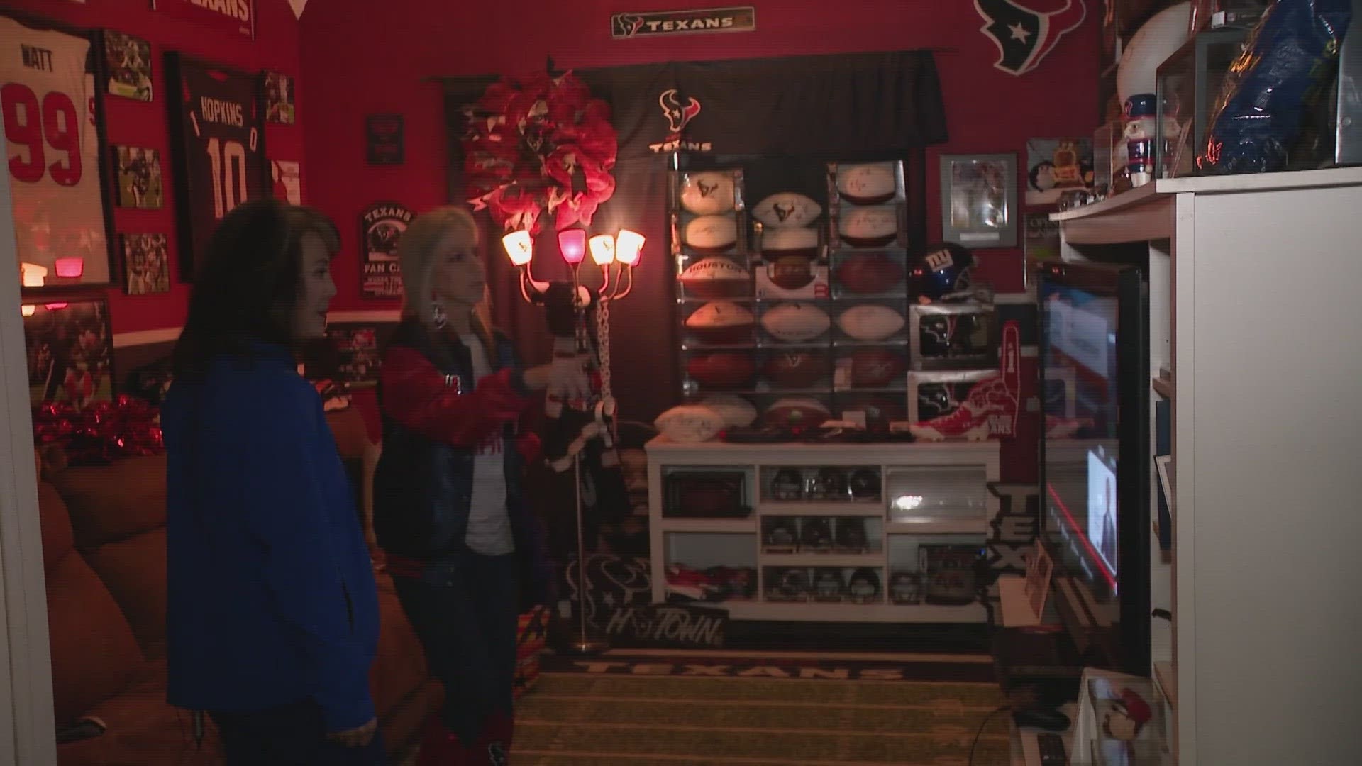 Inside Debbie's Texans 'she-cave' is everything from helmets and jerseys to Gatorade and potato chips.