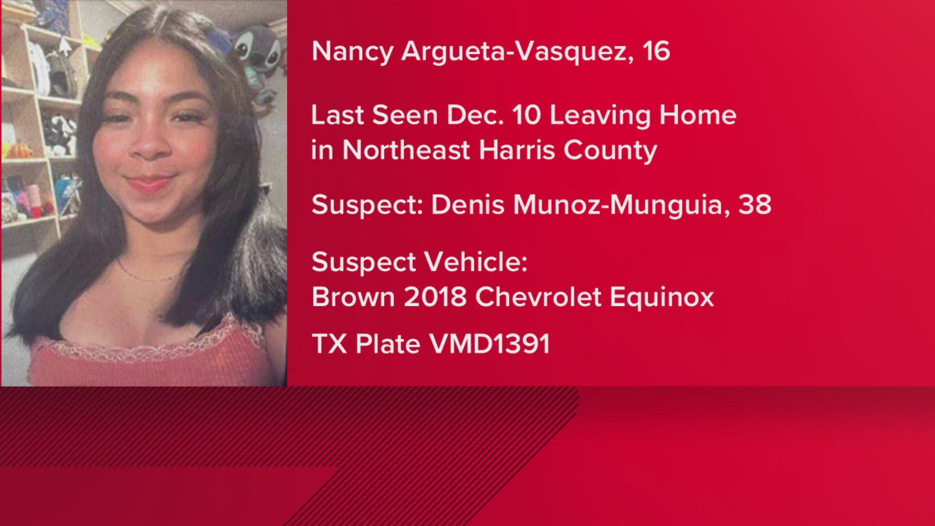 16-year-old Nancy Argueta-Vasquez was last seen on Claypool near the Beltway. She may be with a man in a brown Chevy Equinox with license plate VMD-1391.