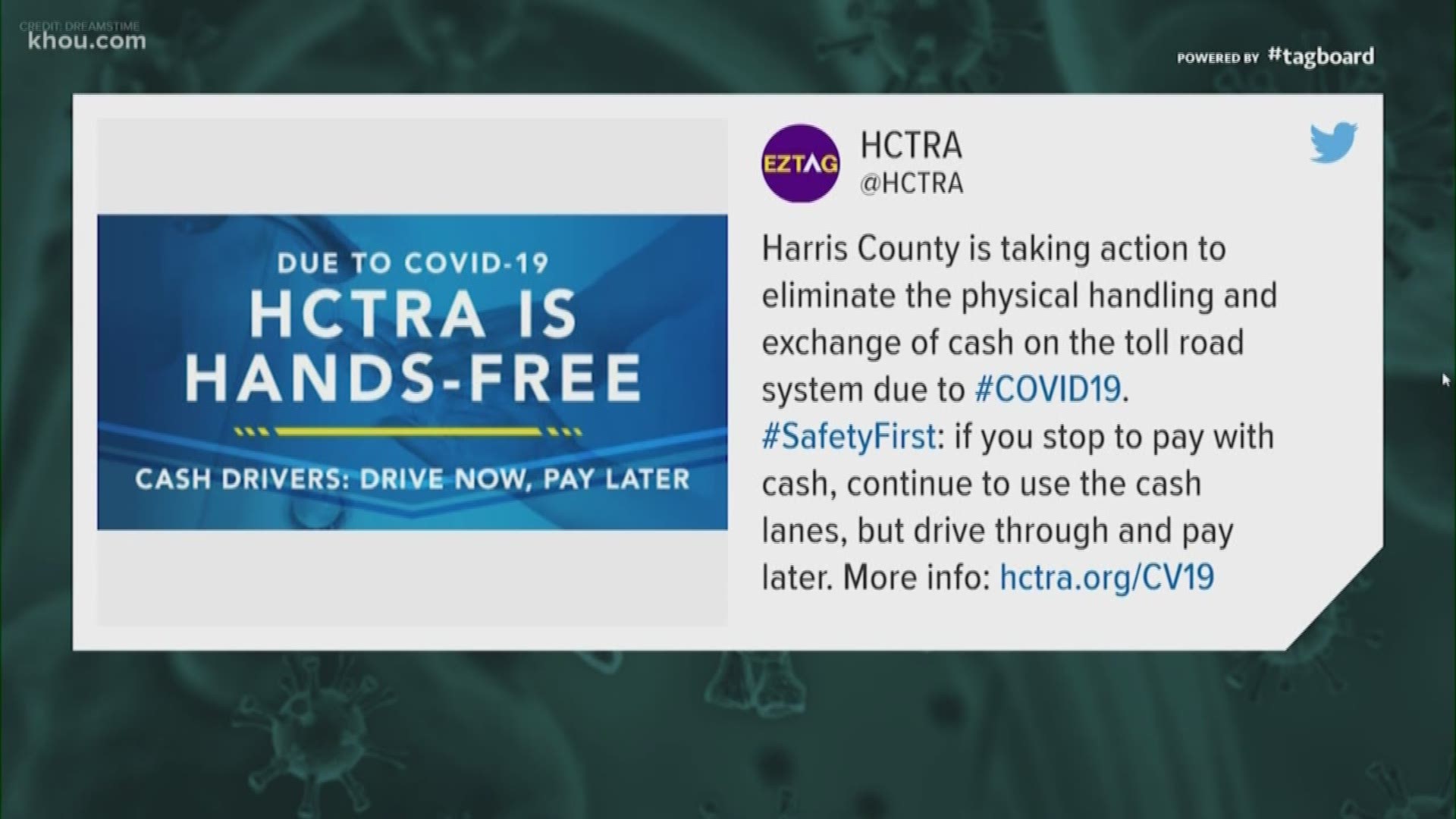 Harris County toll roads are not taking cash payments for now due to the spread of the coronavirus.