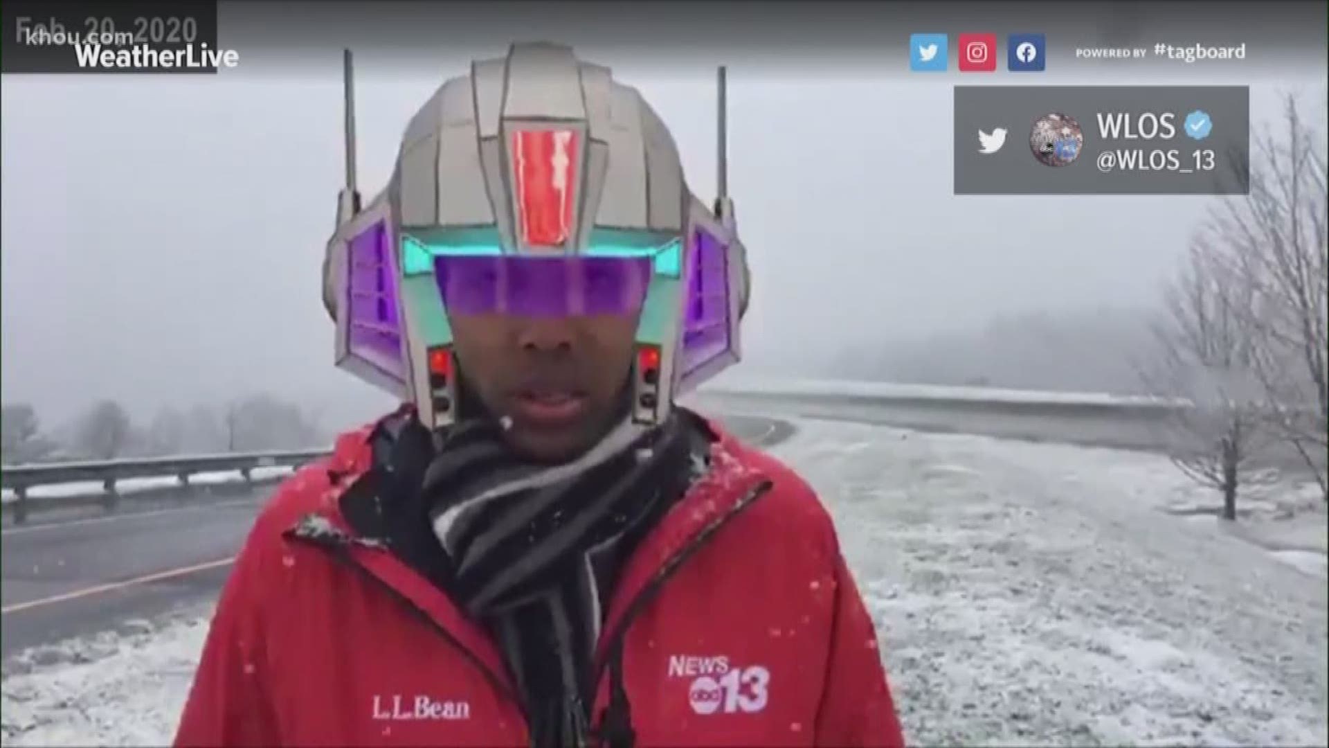 A reporter in North Carolina is trying to keep his community informed about snowy conditions but didn't realize his Snapchat filter was on during his Facebook live.