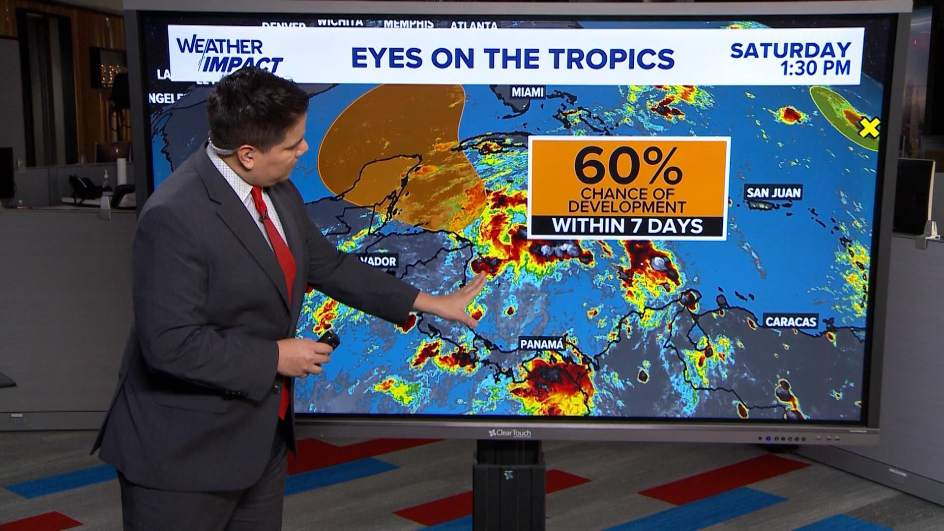 The National Hurricane Center says there's a 60% chance. It's still too early to determine if it will develop and where it will go.