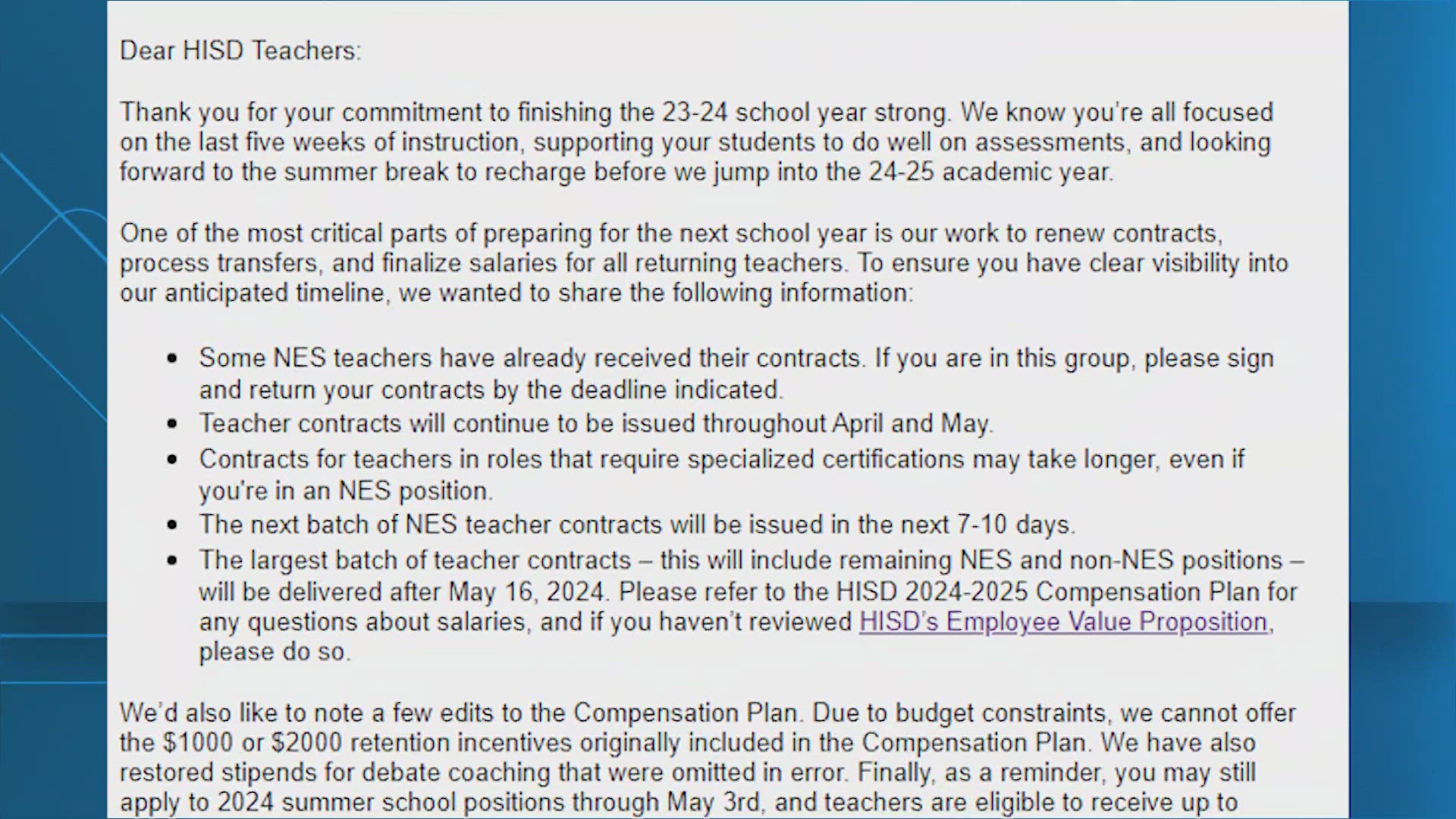 In a letter to teachers, the district said it can't afford the bonuses that were promised.