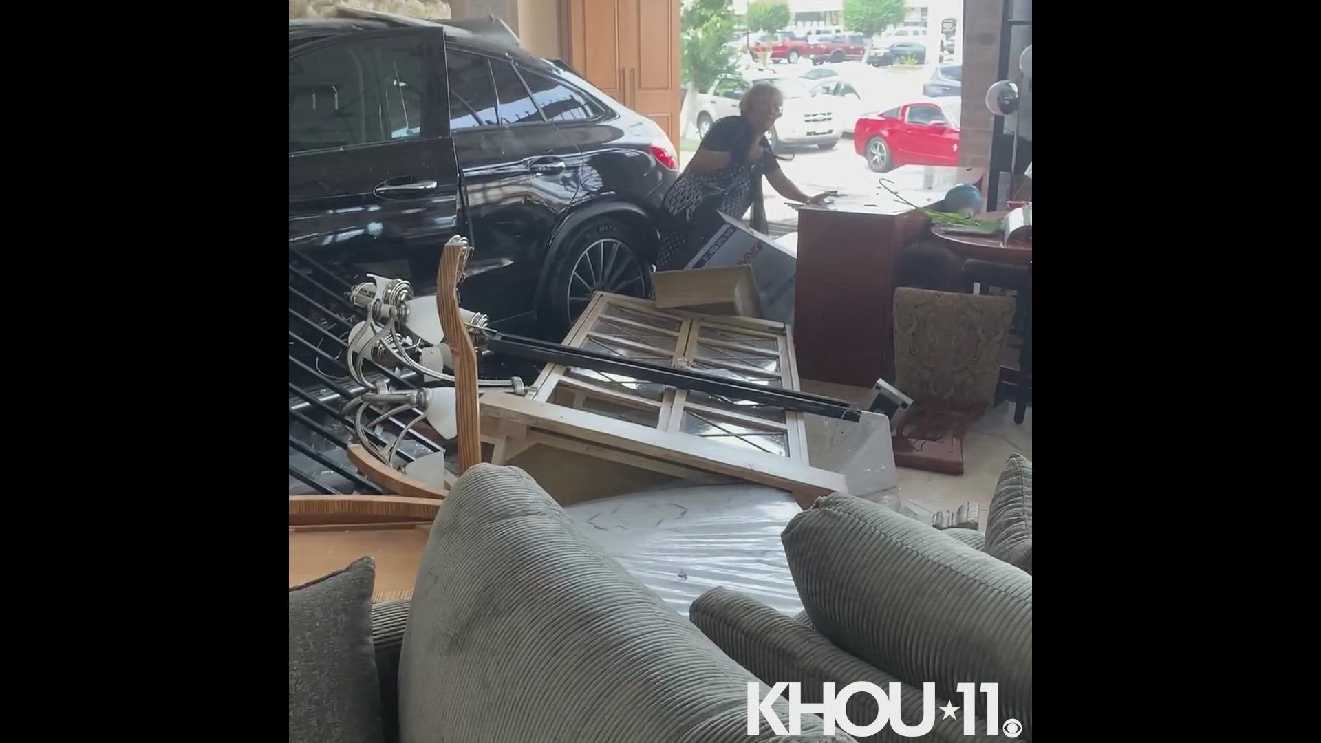 A car plowed into a southwest Houston furniture store on Friday, July 1. Fortunately, no one was hurt.