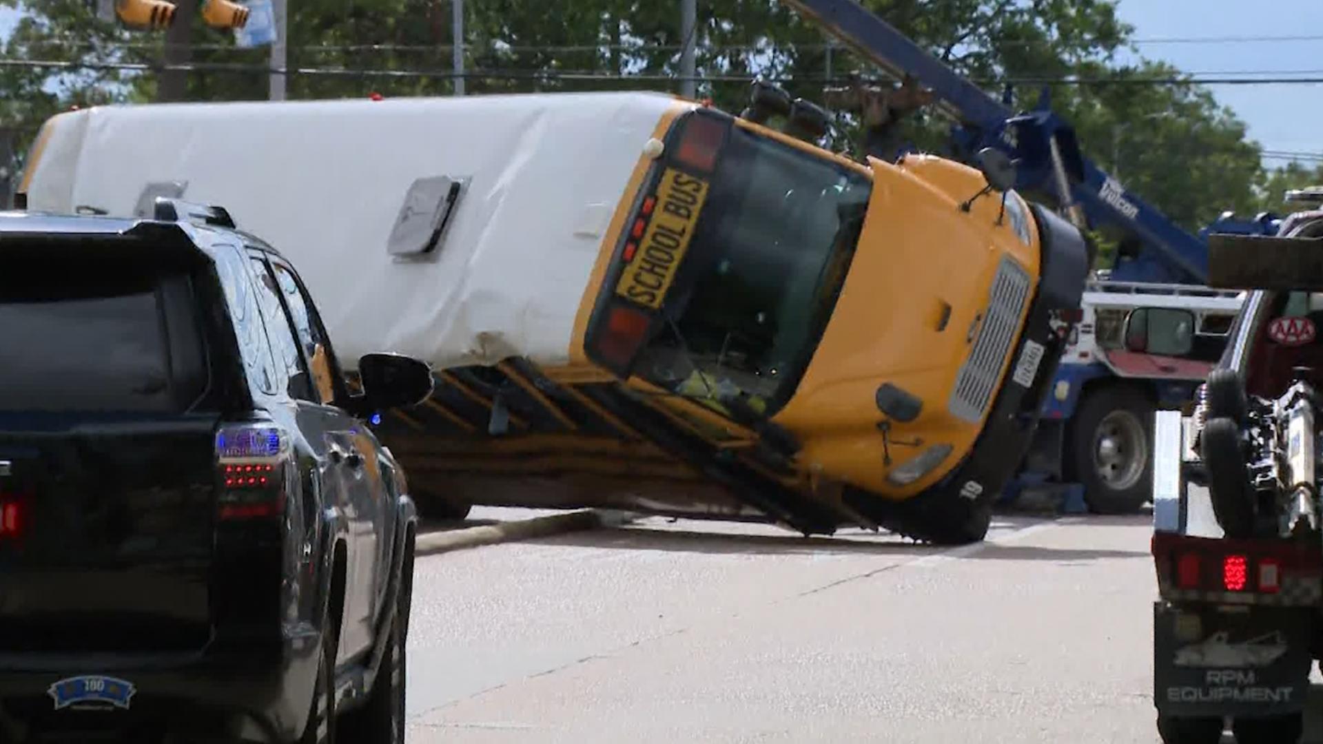 A school bus ended up on its side after getting into a crash with a car at Silber and Westview in the Spring Branch area on Thursday.