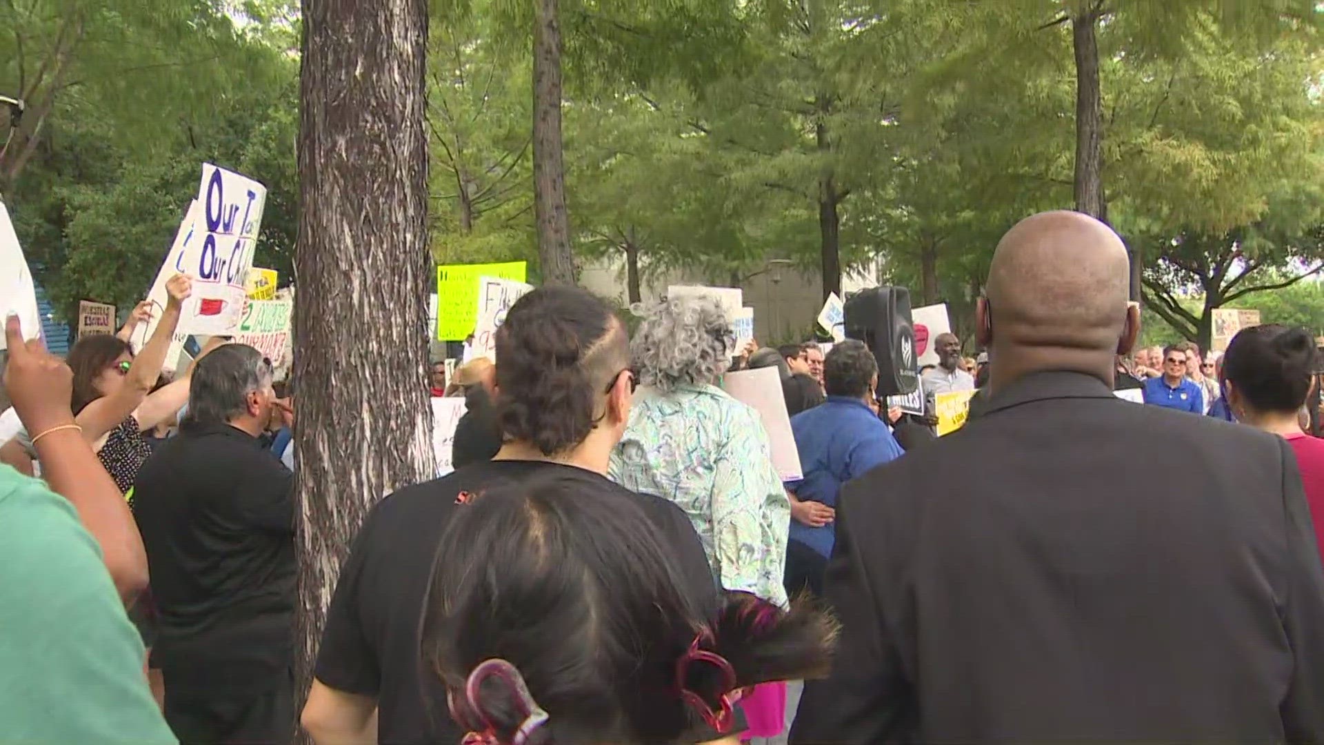 Parents, teachers and students gathered Thursday in protest ahead of Houston ISD's first public board meeting since the Texas Education Agency took over.