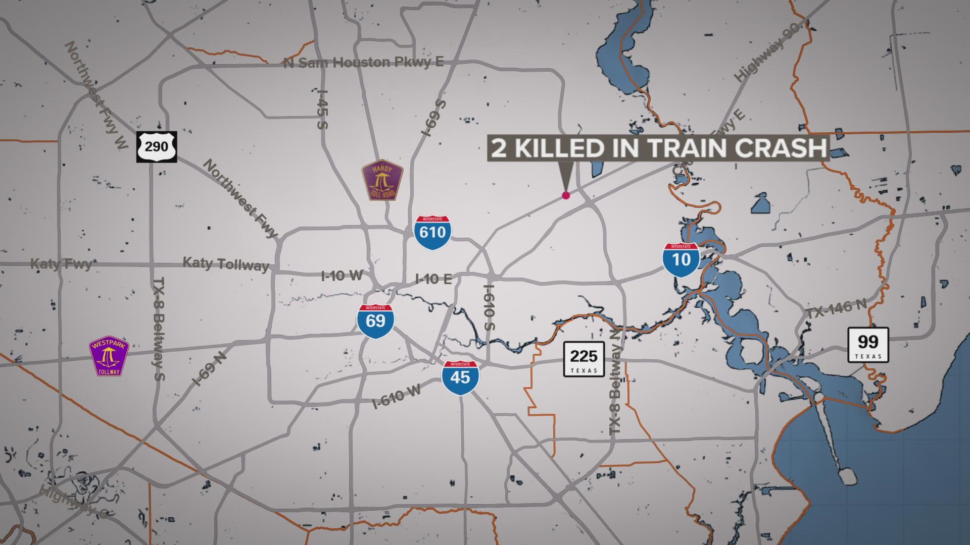 Two people are dead after an Amtrak passenger train hit a vehicle Saturday night at a crossing off of Beaumont Highway near Van Hut Lane, HCSO said.