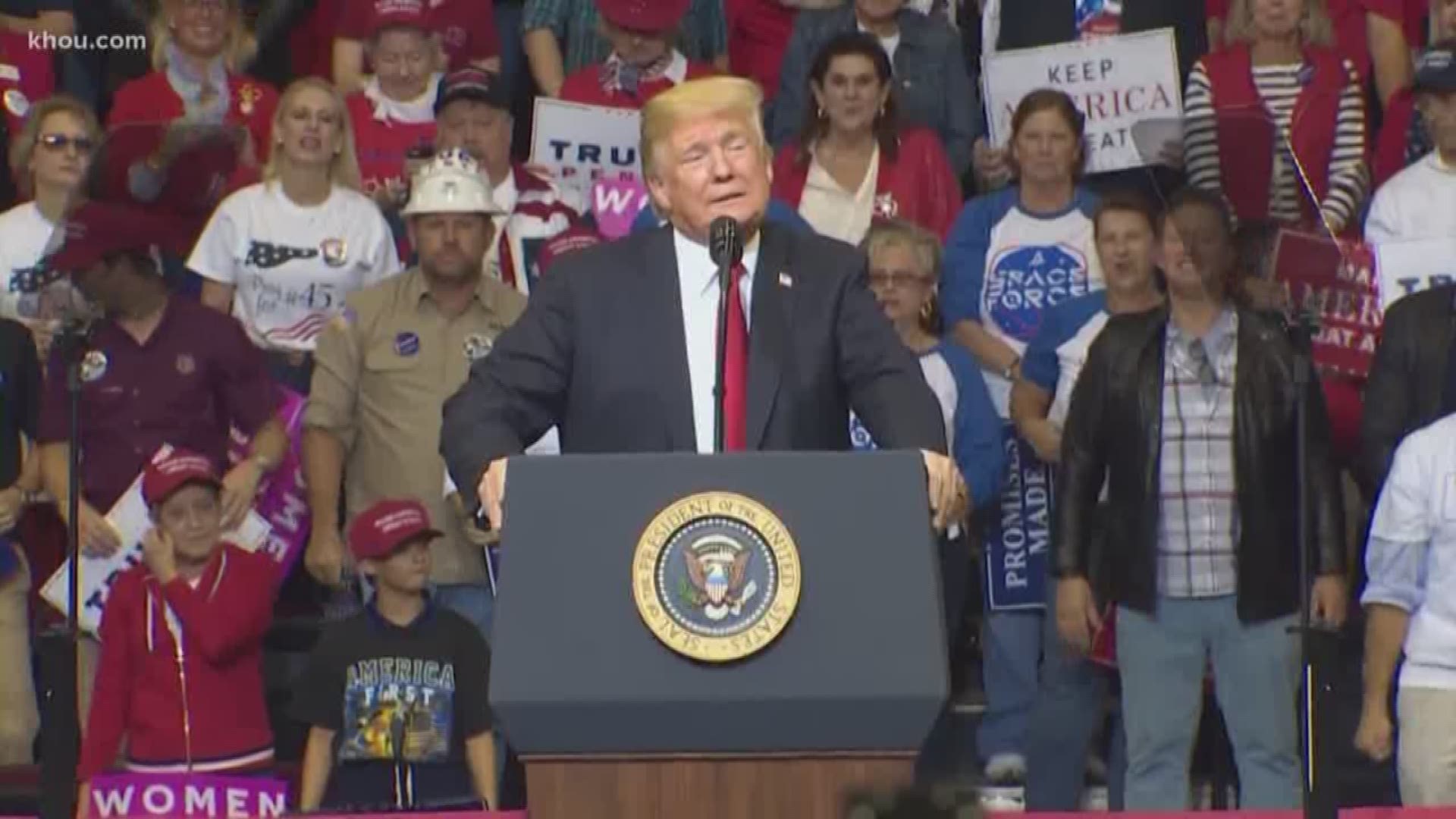 Trump visited Houston Monday to show support for Sen. Ted Cruz and hold a Make America Great Again rally. Many fans showed up to the Toyota Center hours early to attend.