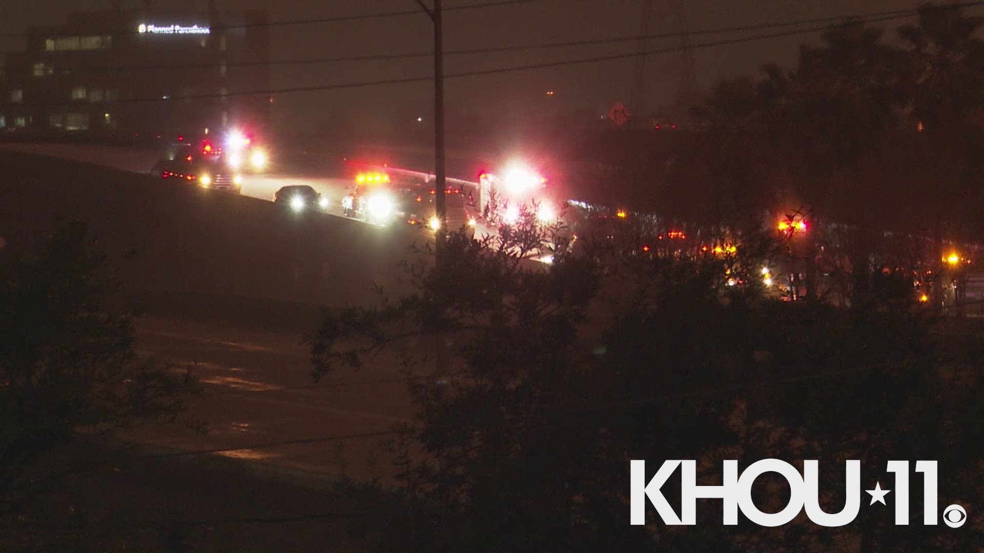 The scene after icy roads led to a 10-car pile-up on I-45 just south of downtown Houston.