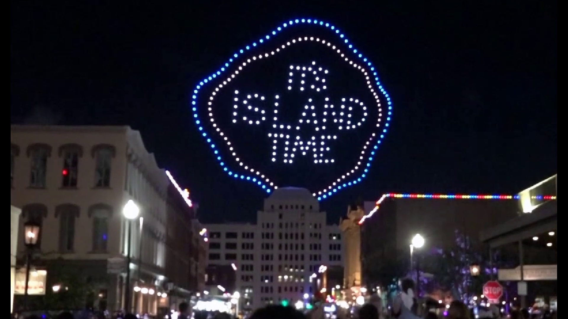 The Sunday night show lit up the skies over Galveston's historic Strand District and included the Pleasure Pier, a dolphin, a pirate ship and a pelican.