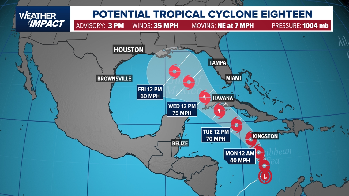 Potential Tropical Cyclone 18 forms in south-central Caribbean, expected to move into Gulf of Mexico