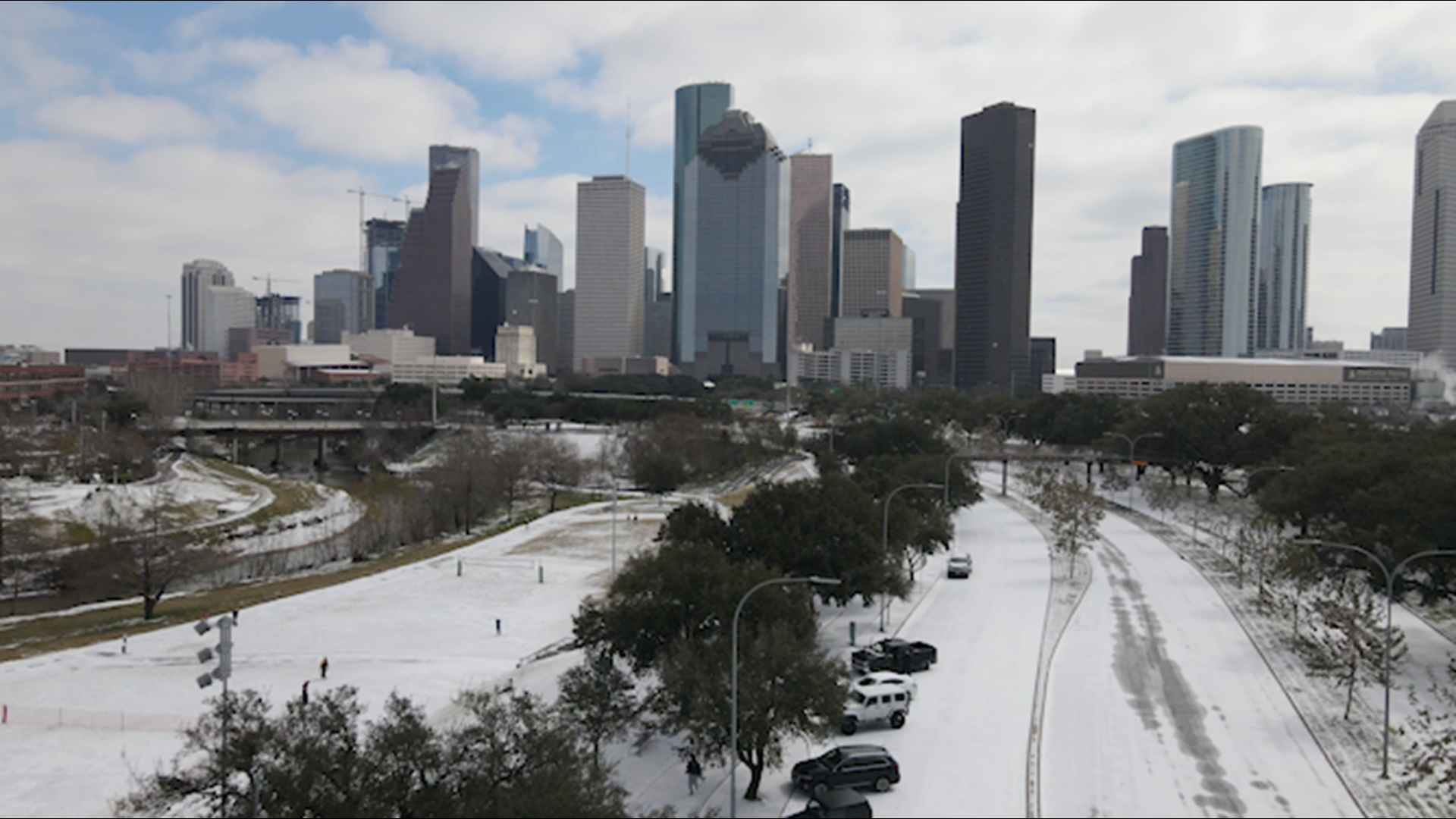 Drone video shows snow covering Allen Parkway in Houston on Feb. 15, 2021.