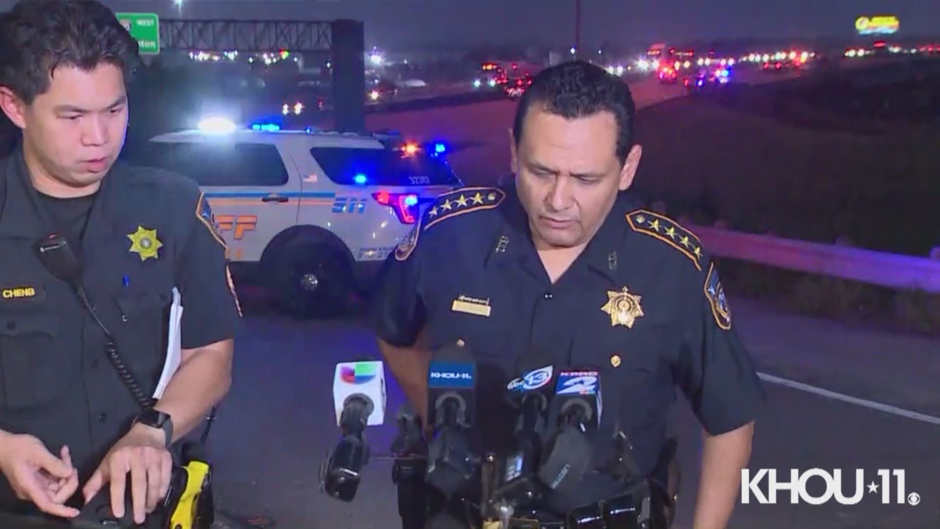 The I-10 East Freeway was closed heading west/inbound after an 18-wheeler went off the bridge into the San Jacinto River early Thursday, according to Harris County Sheriff Ed Gonzalez.