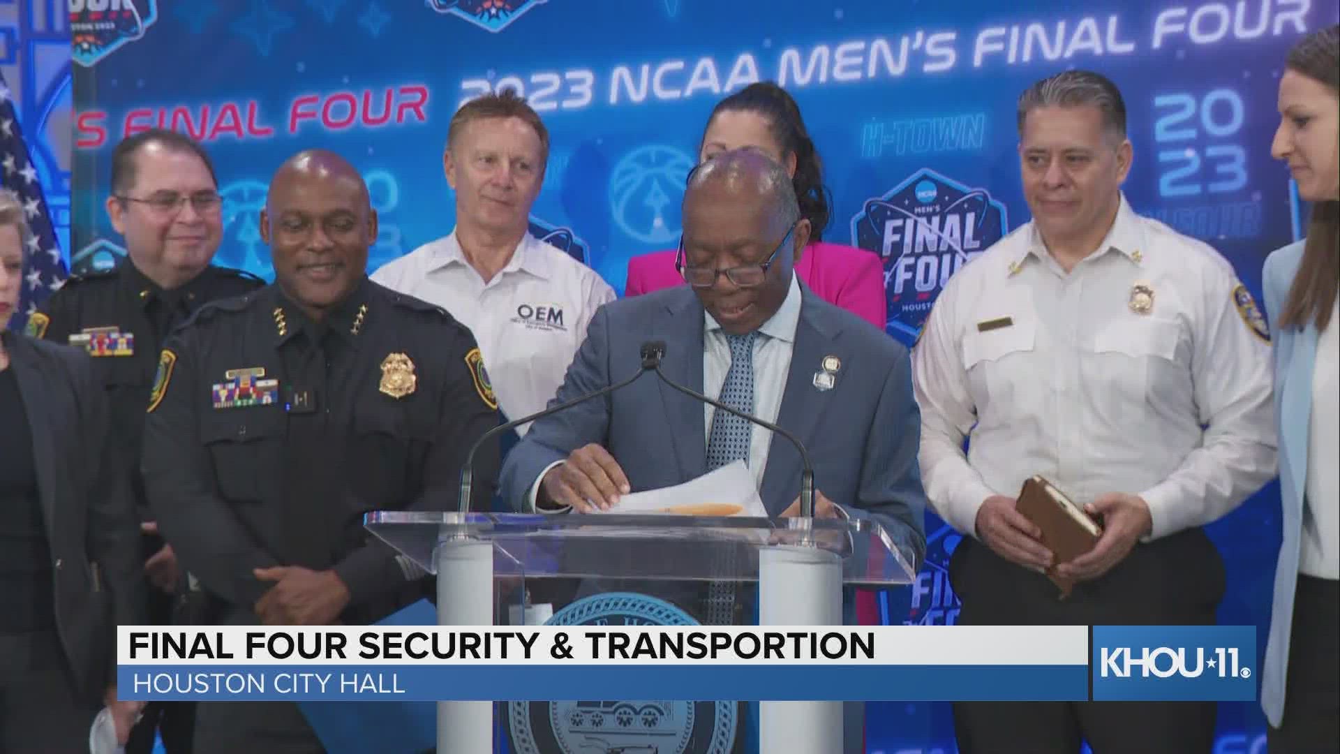 Houston Mayor Sylvester Turner, Chief Troy Finner and Fire Chief Sam Pena detailed plans to keep everyone safe during the Final Four.
