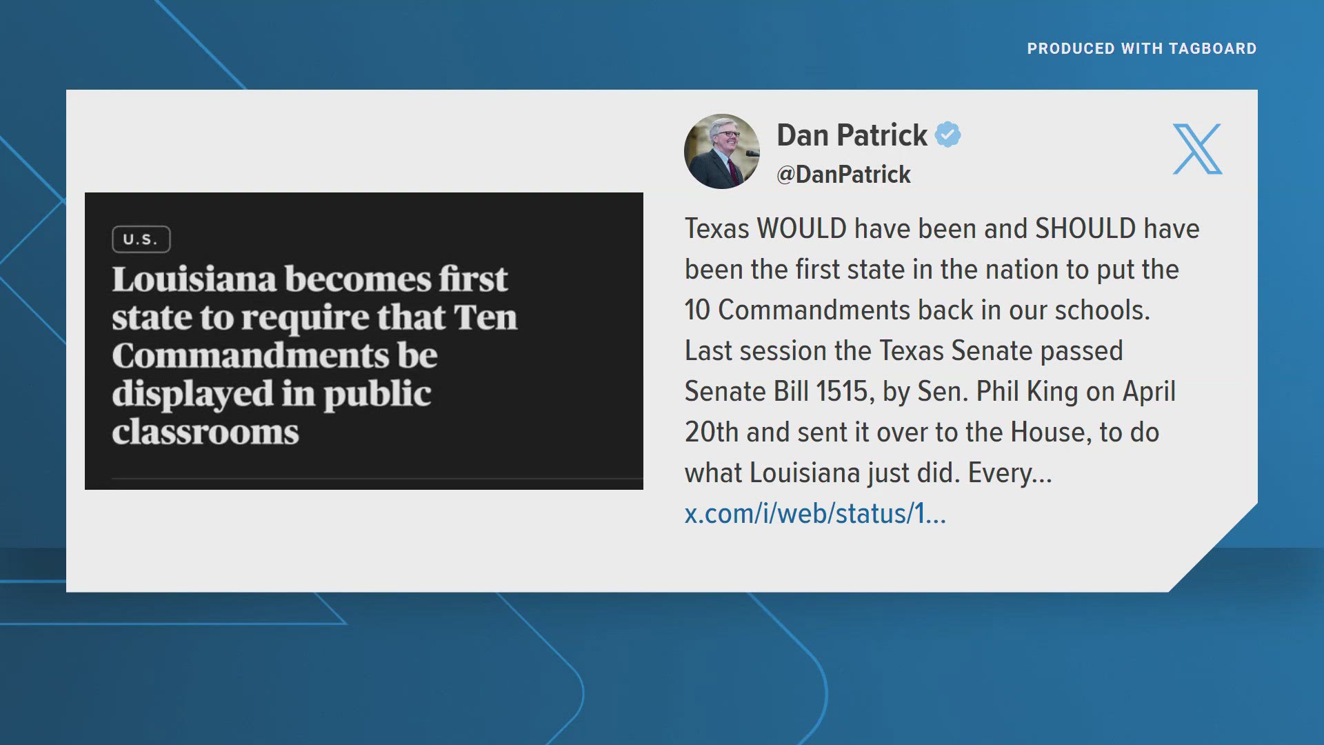 Lt. Gov. Dan Patrick said Texas should have been first to pass the law putting the scriptures in classrooms.