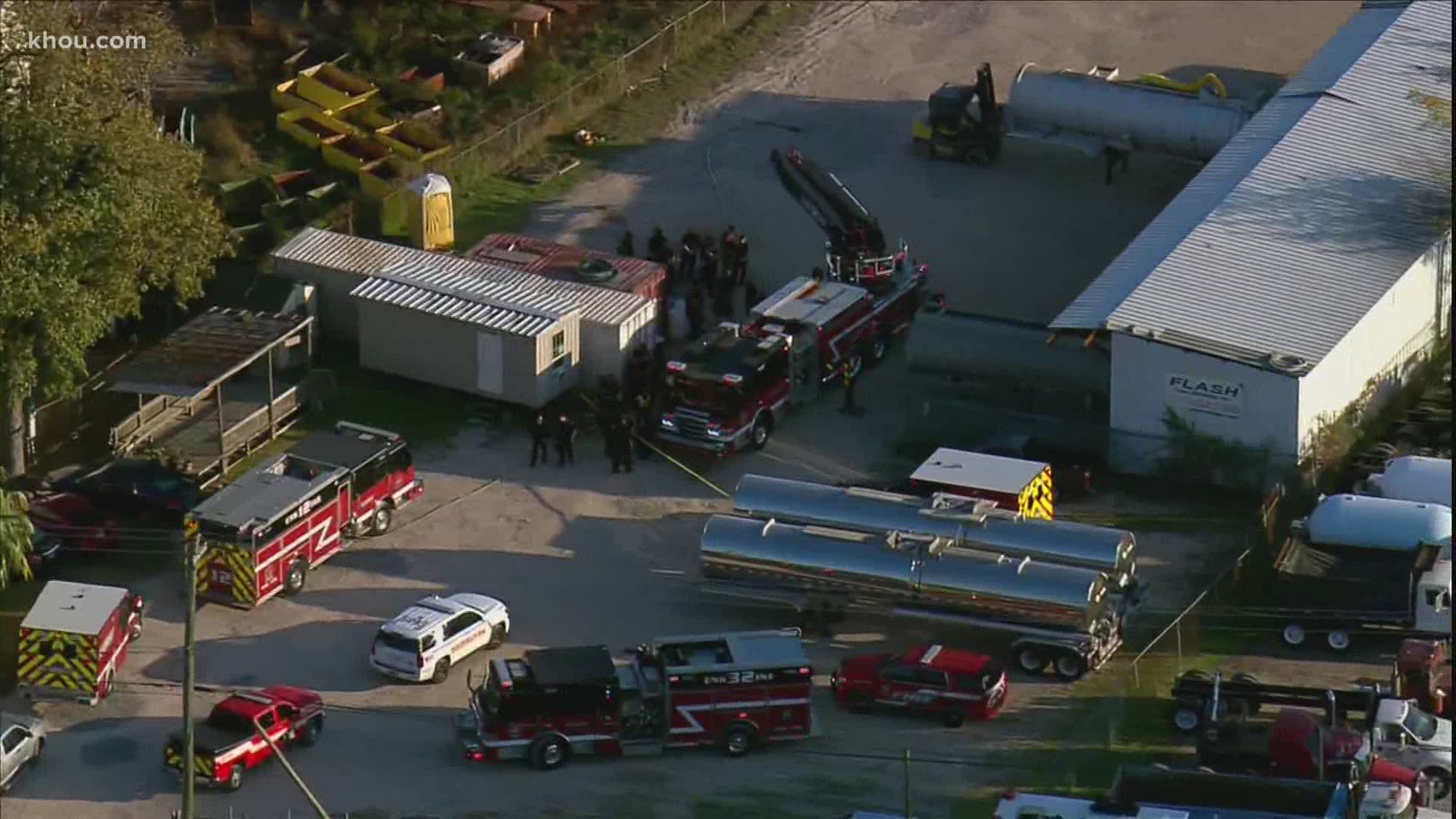 The worker is stuck in a tanker in Channelview and emergency crews are attempting to reach the person.