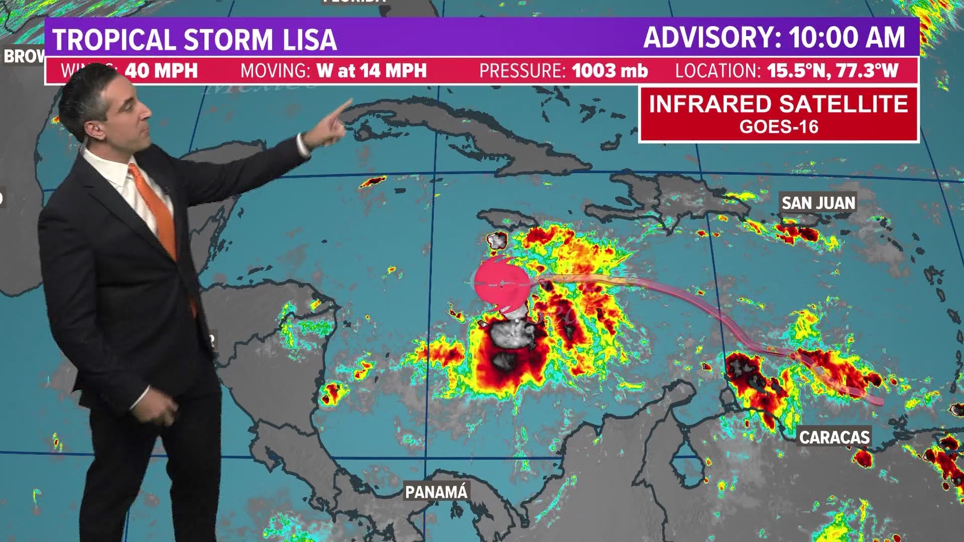 Tropical Storm Lisa in the central Caribbean Sea. Expected to gradually strengthen over the next few days.