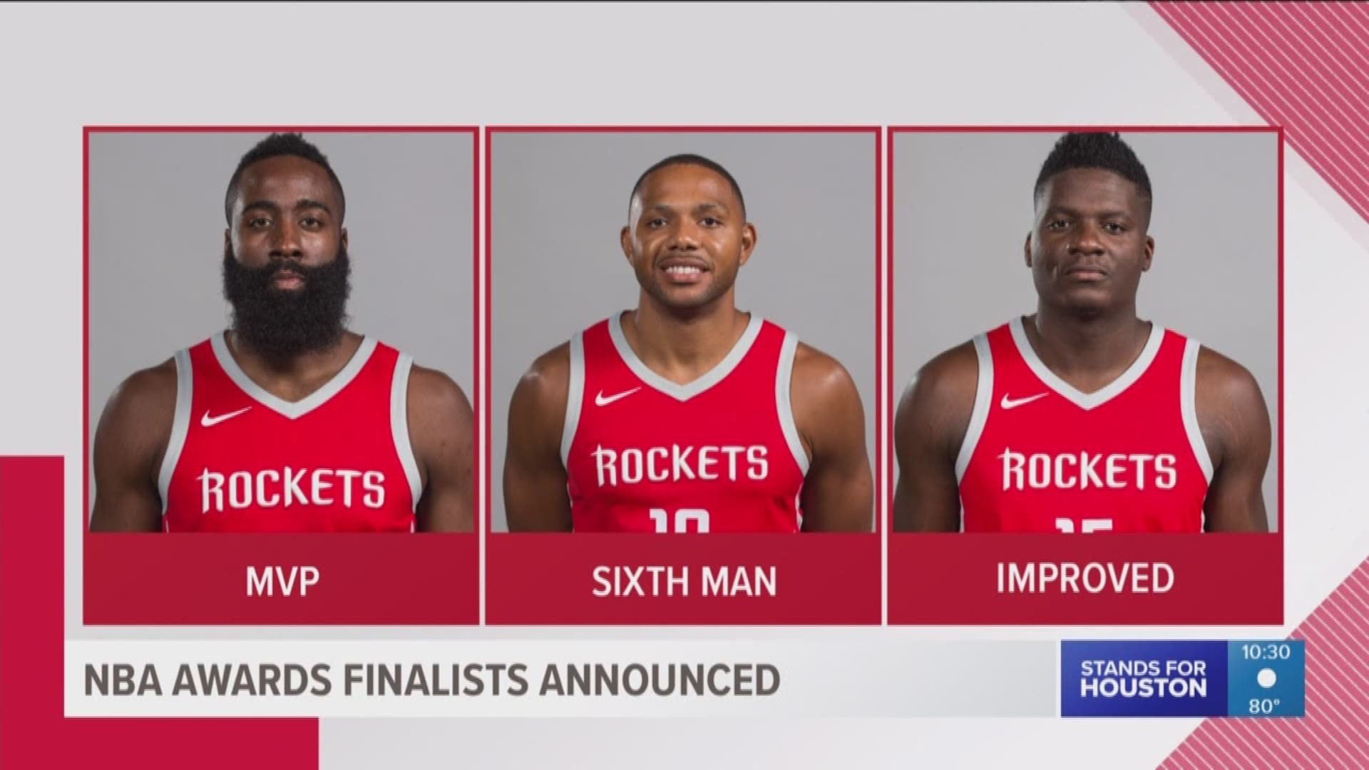 The Rockets' James Harden, Eric Gordon and Clint Capela were all named finalists for NBA MVP, Sixth Man of the Year and Clint Capela, respectively.