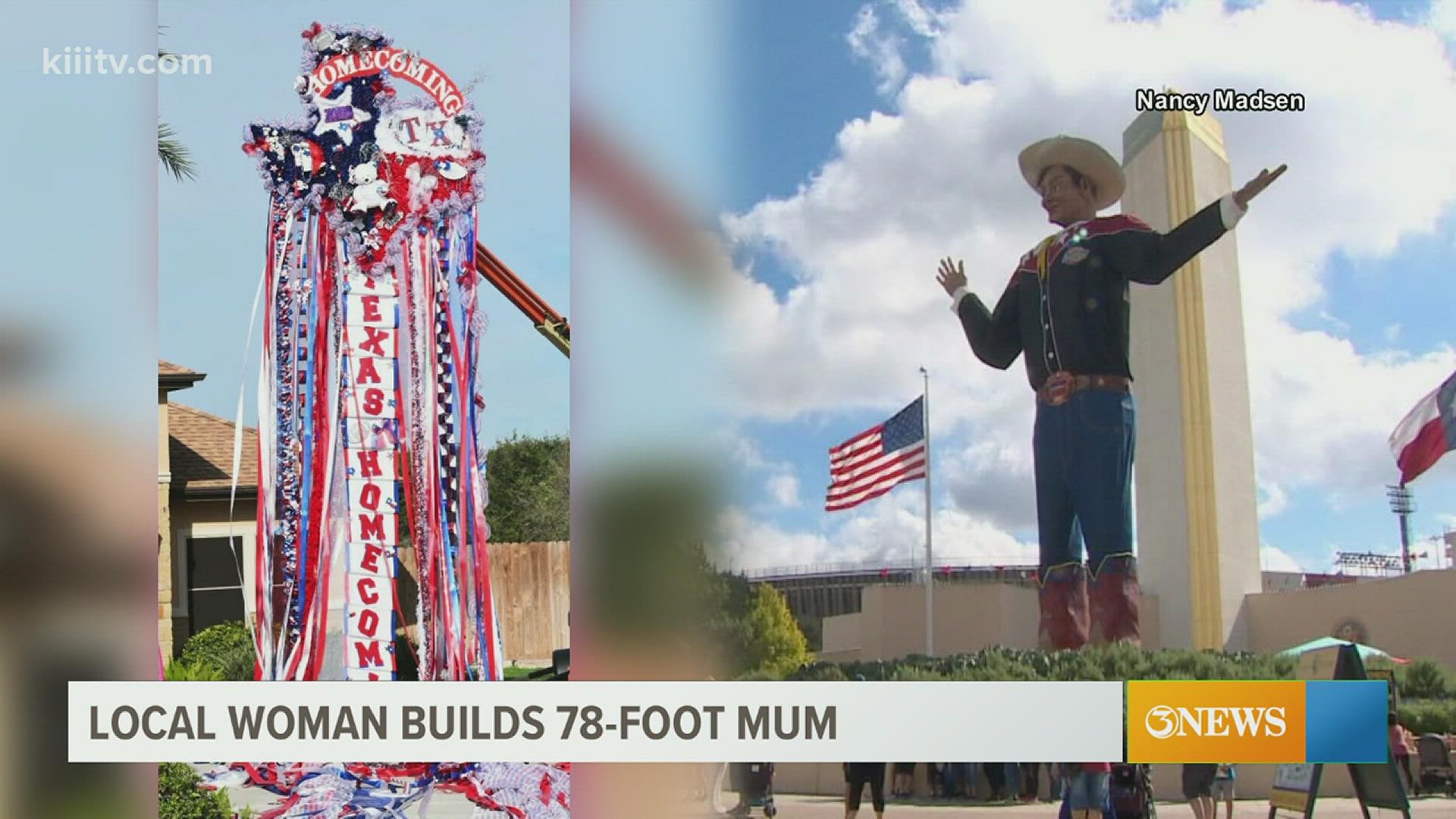Nancy Masden, mum-maker at Oh My Goodness Boutique in Corpus Christi created a gigantic, possibly record-breaking 78-feet-long homecoming mum.