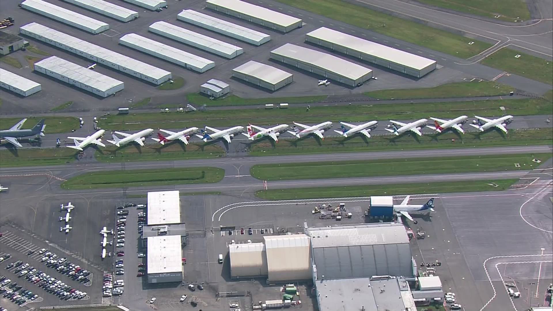 Aerials of Boeing 737 MAX planes still grounded at Everett's Paine Field in June 2019
