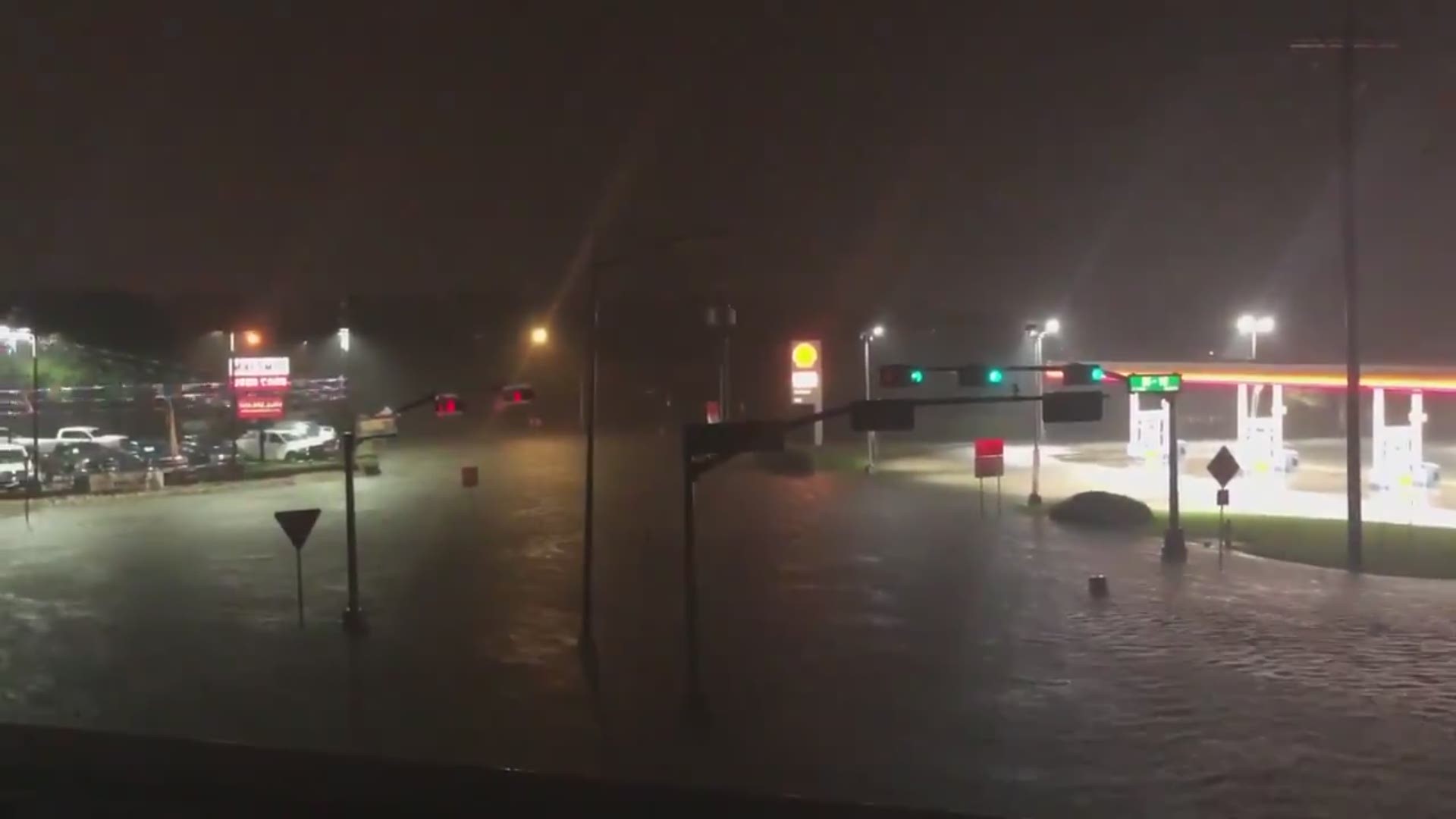 Severe weather floods the intersection of Washington Boulevard and Interstate 10 in Beaumont, Texas.