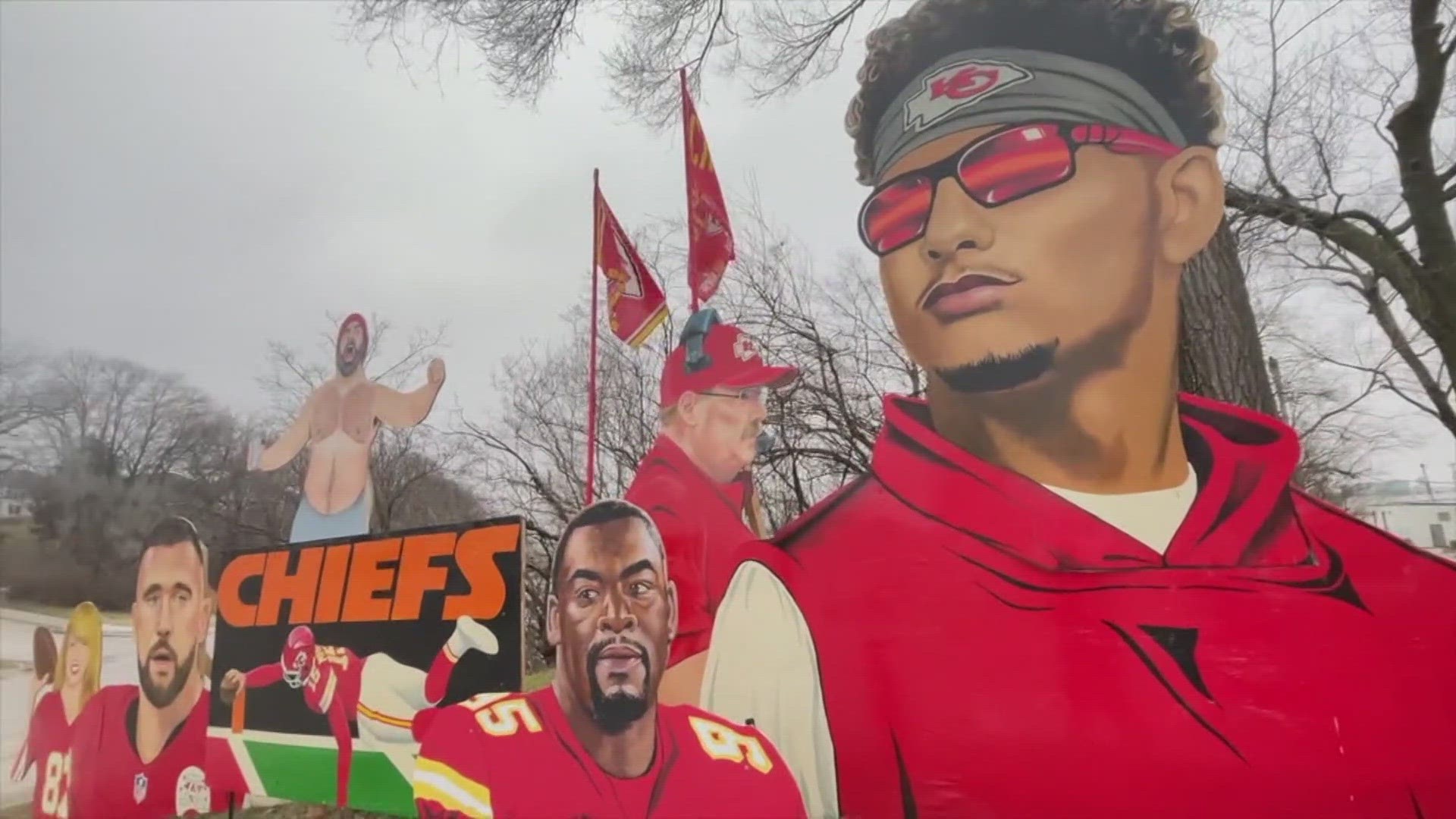 Jeff Parson went all out for the Super Bowl to support his favorite team. The yard art features Travis Kelce, Patrick Mahomes, a shirtless Jason Kelce and more.