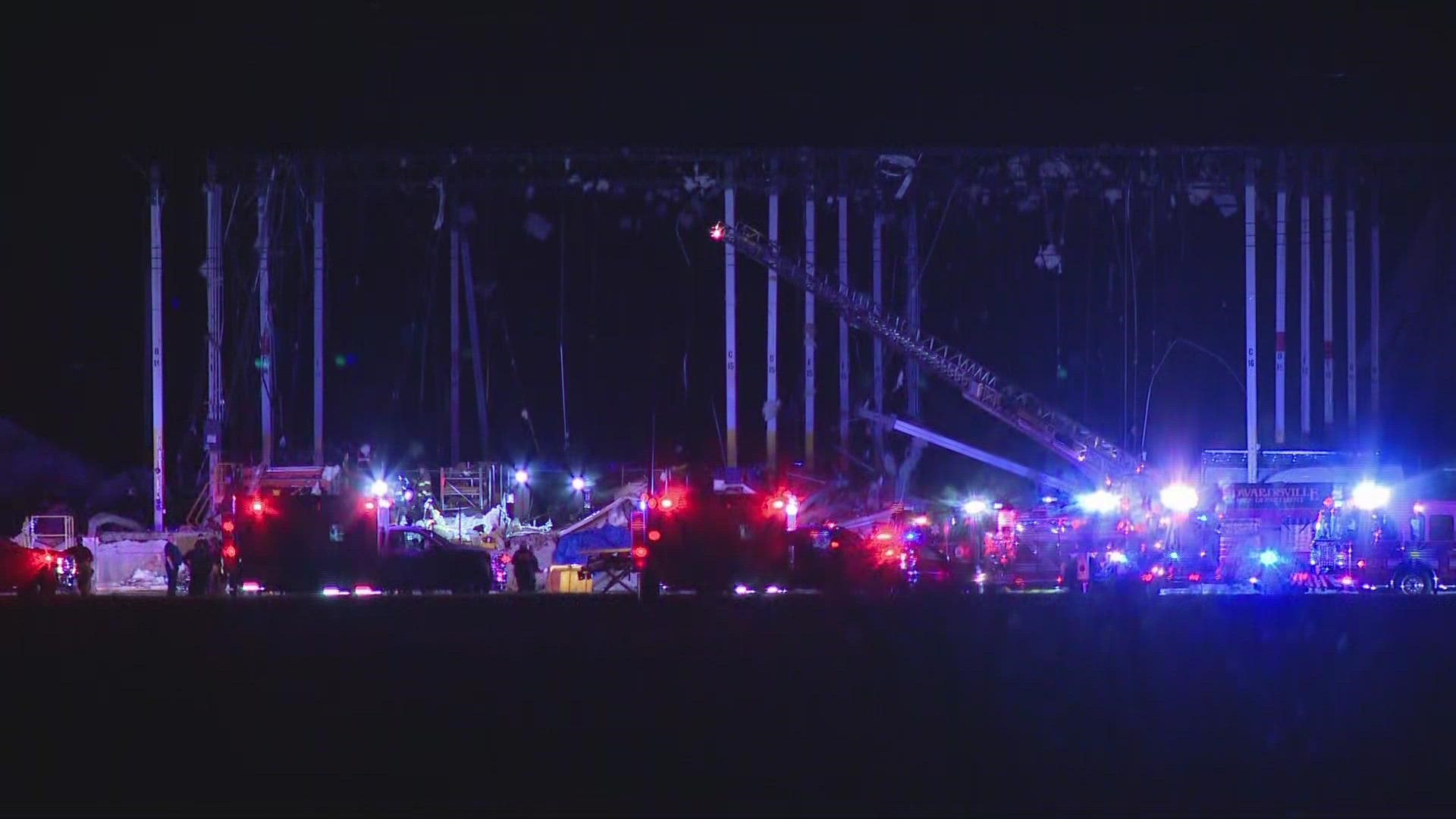 A roof was ripped off an Amazon warehouse in Edwardsville. The area was the scene of a radar-indicated tornado earlier in the evening.