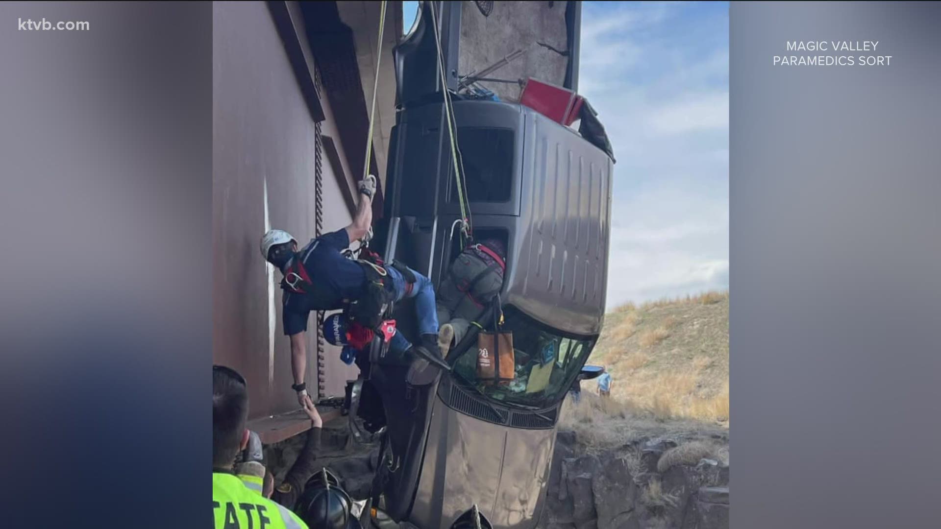 Chad Smith and Issac Baker were part of the team that rescued a couple and two dogs from a truck dangling over Malad Gorge on Monday.