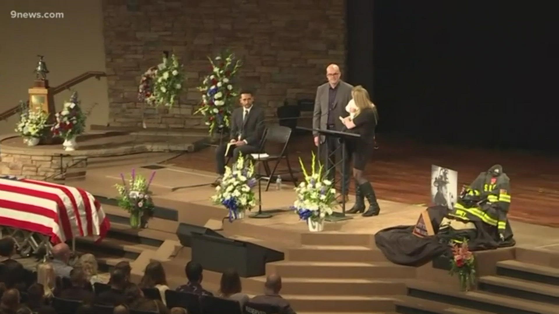 The pregnant wife of fallen South Metro Firefighter Cody Mooney spoke at his funeral Friday afternoon following his death from an aggressive brain tumor. She remembered her husband as a devout Christian who forged meaningful relationships. His favorite quote to tell his four children was "love you, miss you, kiss you," and Emily Mooney said she'll now be telling Cody "Love you, miss you, and wish that we could kiss you."
