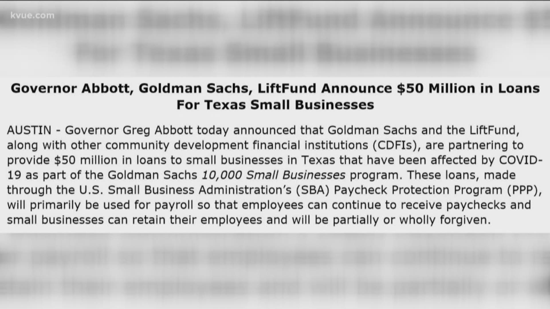 The governor announced Goldman Sachs and LiftFund are partnering to offer millions in loans to small businesses in Texas.