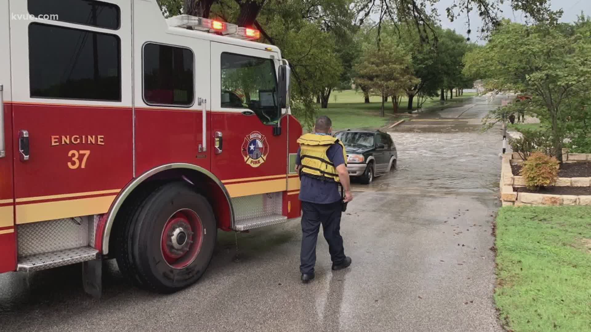 Heavy rains flooded Central Texas roads on Wednesday, with at least one rescue from a low water crossing. Motorists are reminded to "turn around, don't drown."