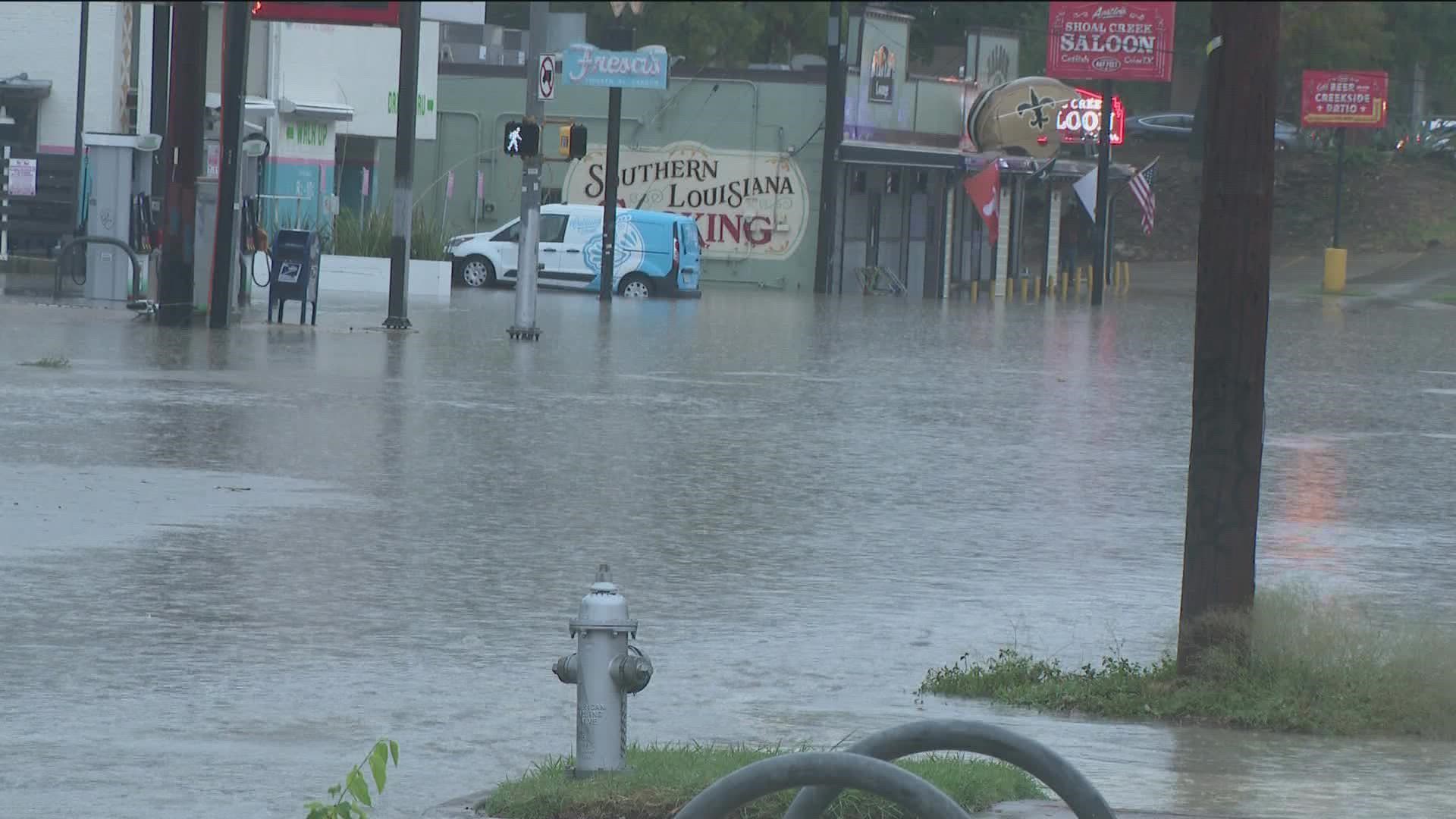 Shoal Creek overflowed onto Lamar Boulevard near Ninth Street. The creek spiked to over 16 feet in the area.