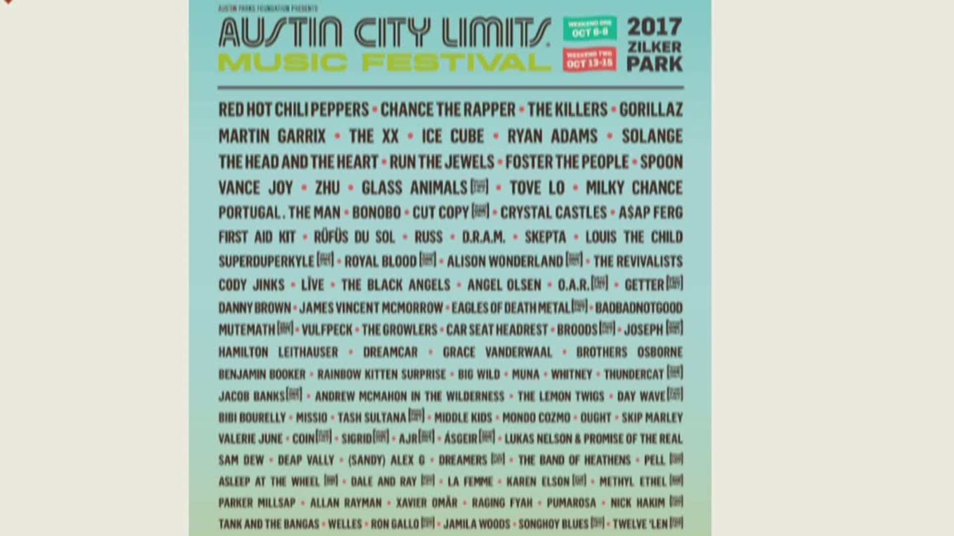 Red Hot Chili Peppers, Chance the Rapper, The Killers and Gorillaz are among the acts for the 2017 Austin City Limits Music Festival.