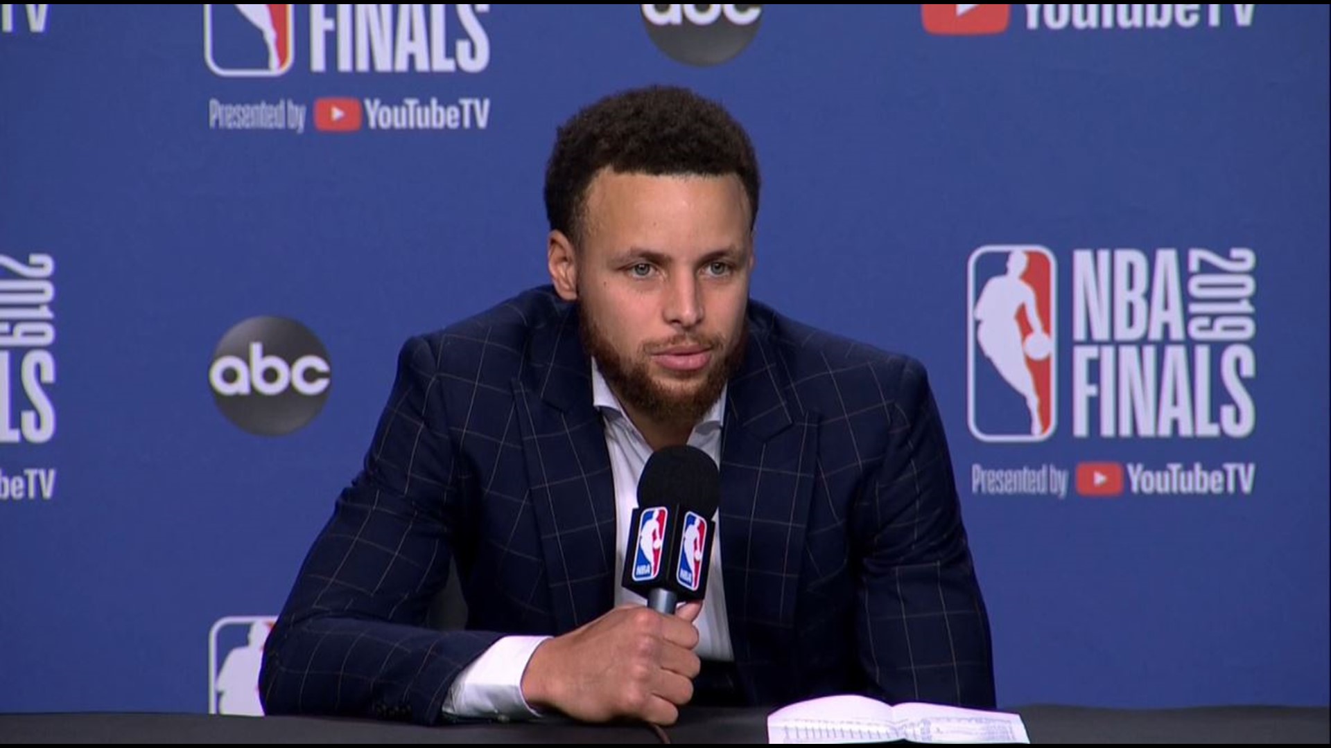 Warriors point guard Stephen Curry talks about losing Kevin Durant to an Achilles injury, but his team still being able to squeak out a win over the Raptors in Game 5 on Monday in Toronto, to force a Game 6 back in Oakland on Thursday, trailing 3-2 in the NBA Finals.