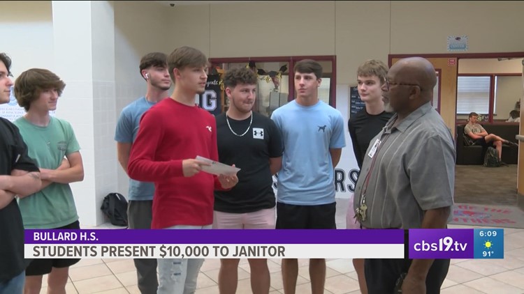 Bullard students present over $10,000 check to beloved custodian, father of 5 who recently lost his wife