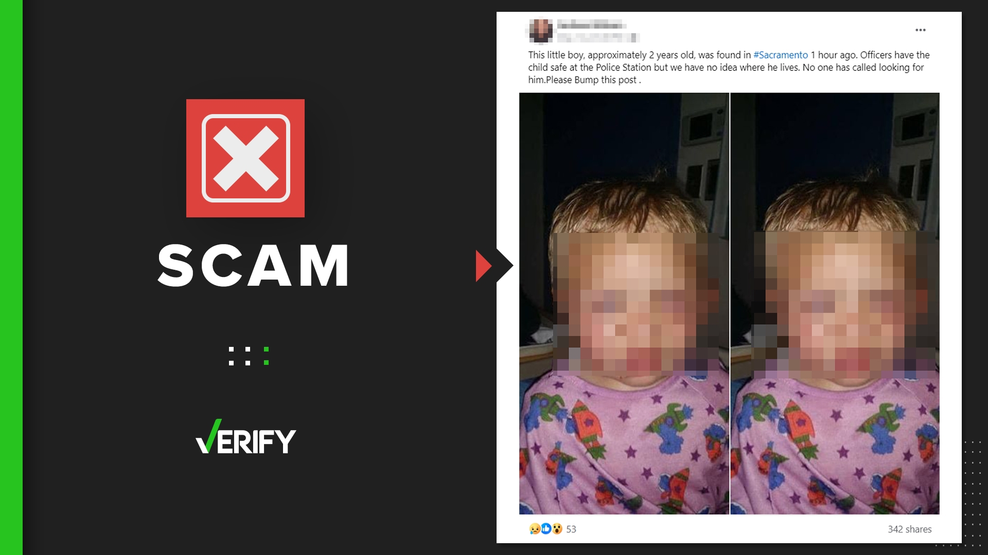 Scammers use a real image of a 2-year-old boy to get traction online before changing the message’s content to a scam advertisement.