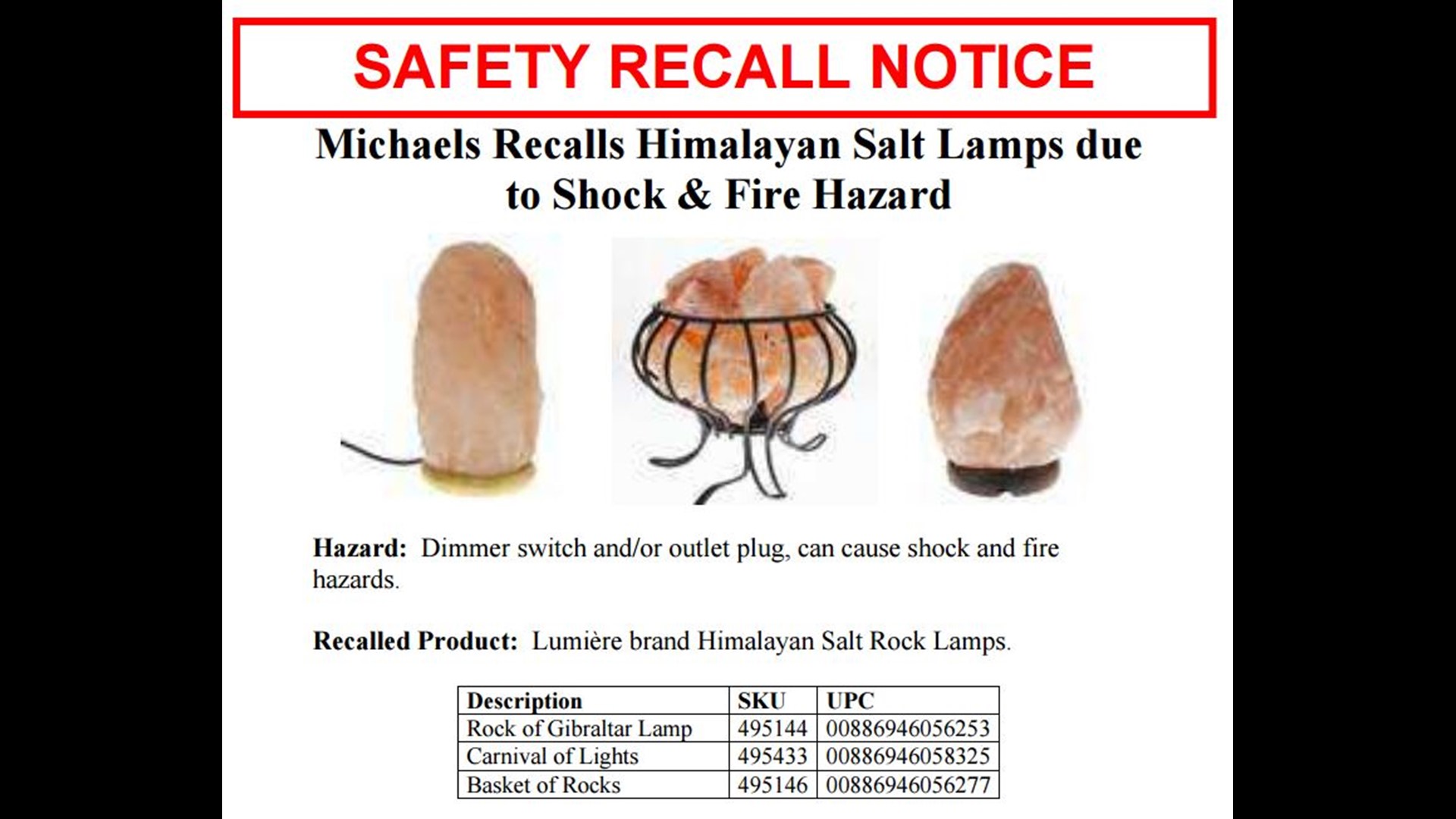 RECALL ALERT Thousands of salt lamps are shock, fire hazard