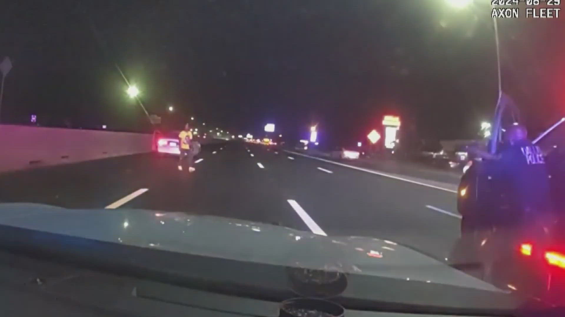 The dashcam video shows the end of the pursuit of the suspect from Dallas into Lewisville.