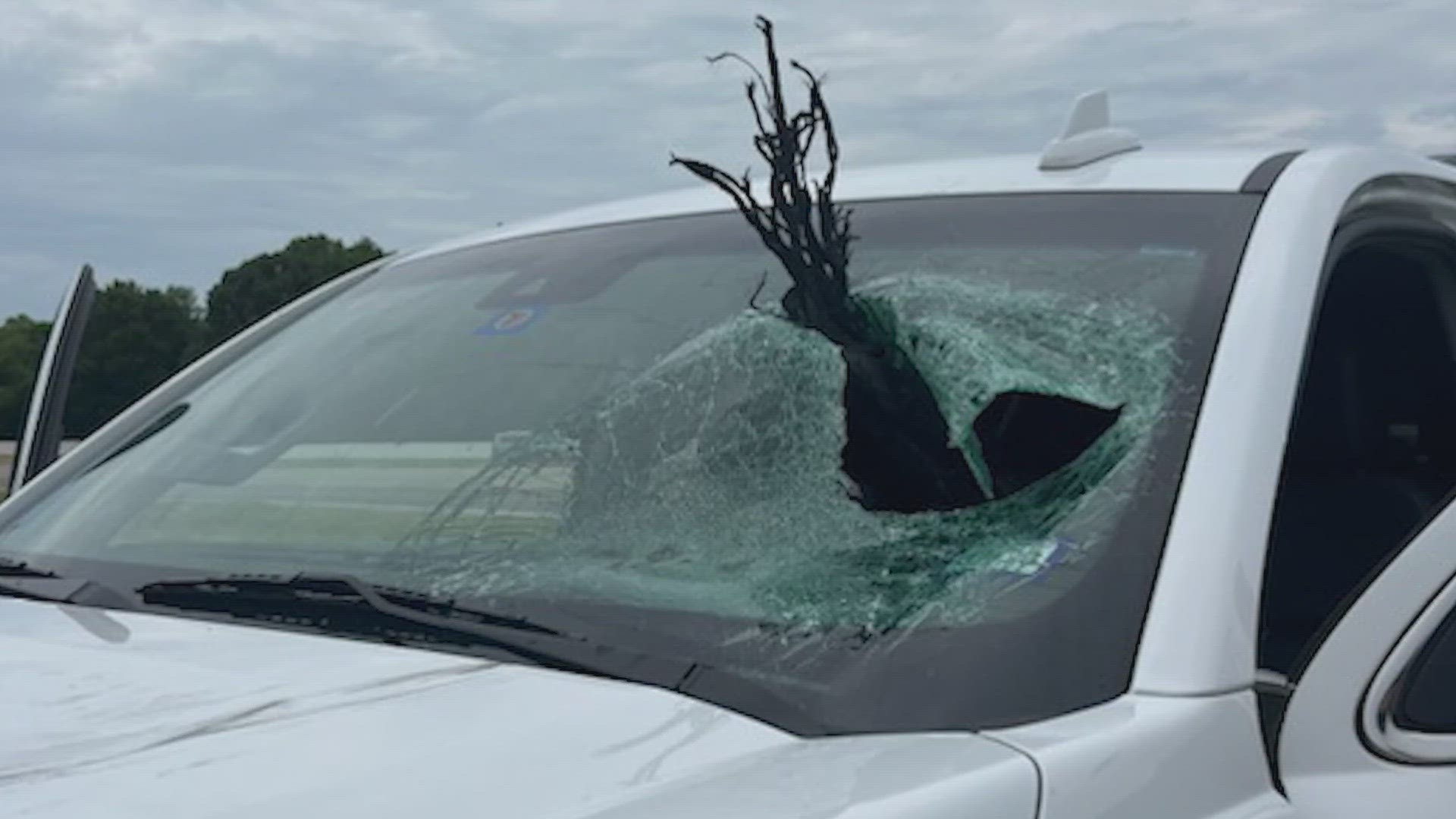The family was driving on Interstate 20 when the 2-foot-long tire tread punched the hood, pierced the window and ricocheted off the steering wheel.