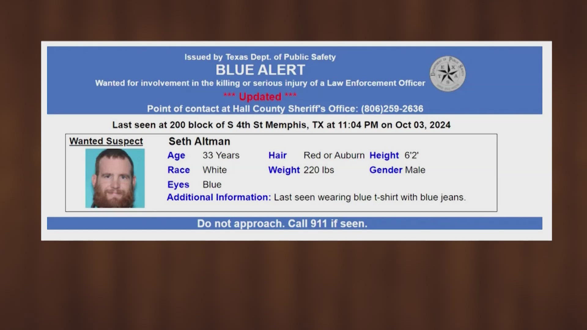 The alert was issued in the early morning hours of Friday, Oct. 4. He is wanted in connection with the shooting of Memphis, Texas Police Chief Rex Plant.