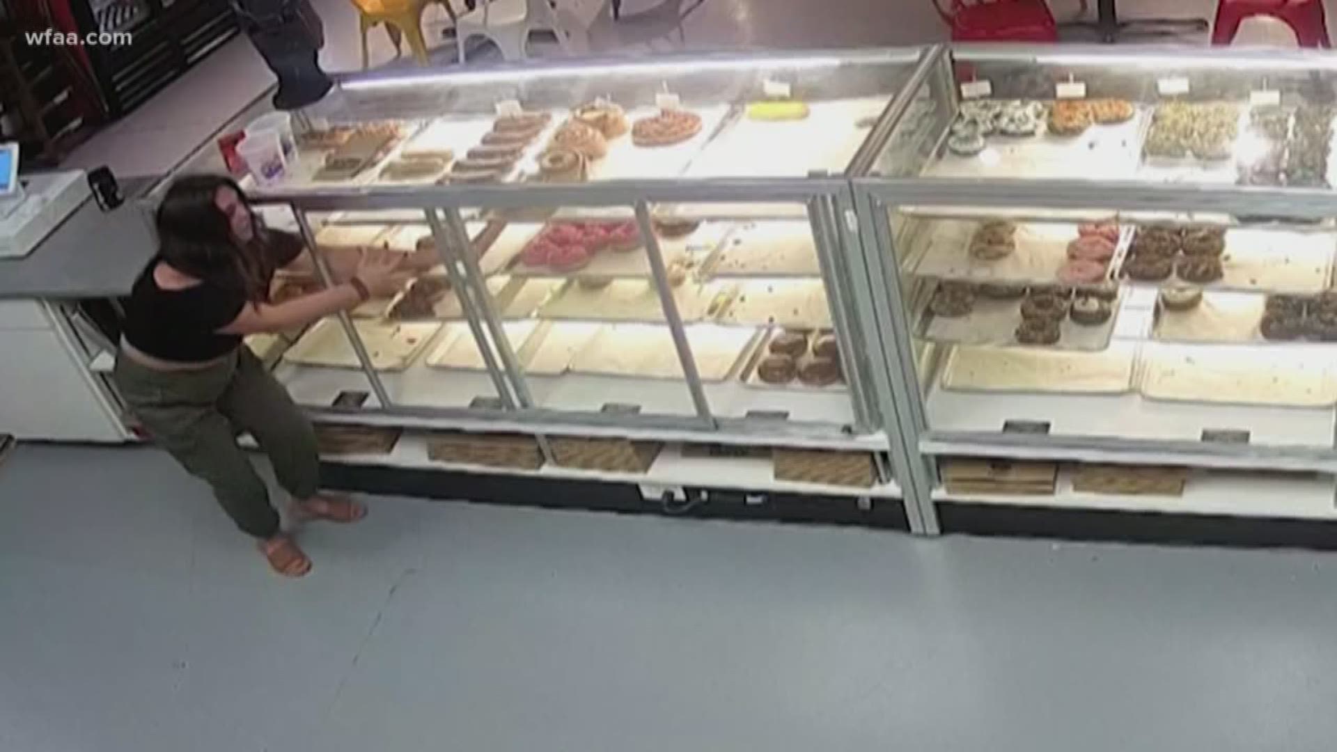 A woman was caught on camera stealing donuts from a shop in Fort Worth. The video, posted by Hurts Donut, has been viewed more than 100,000 times and promises a donut for best 'roast' comment.