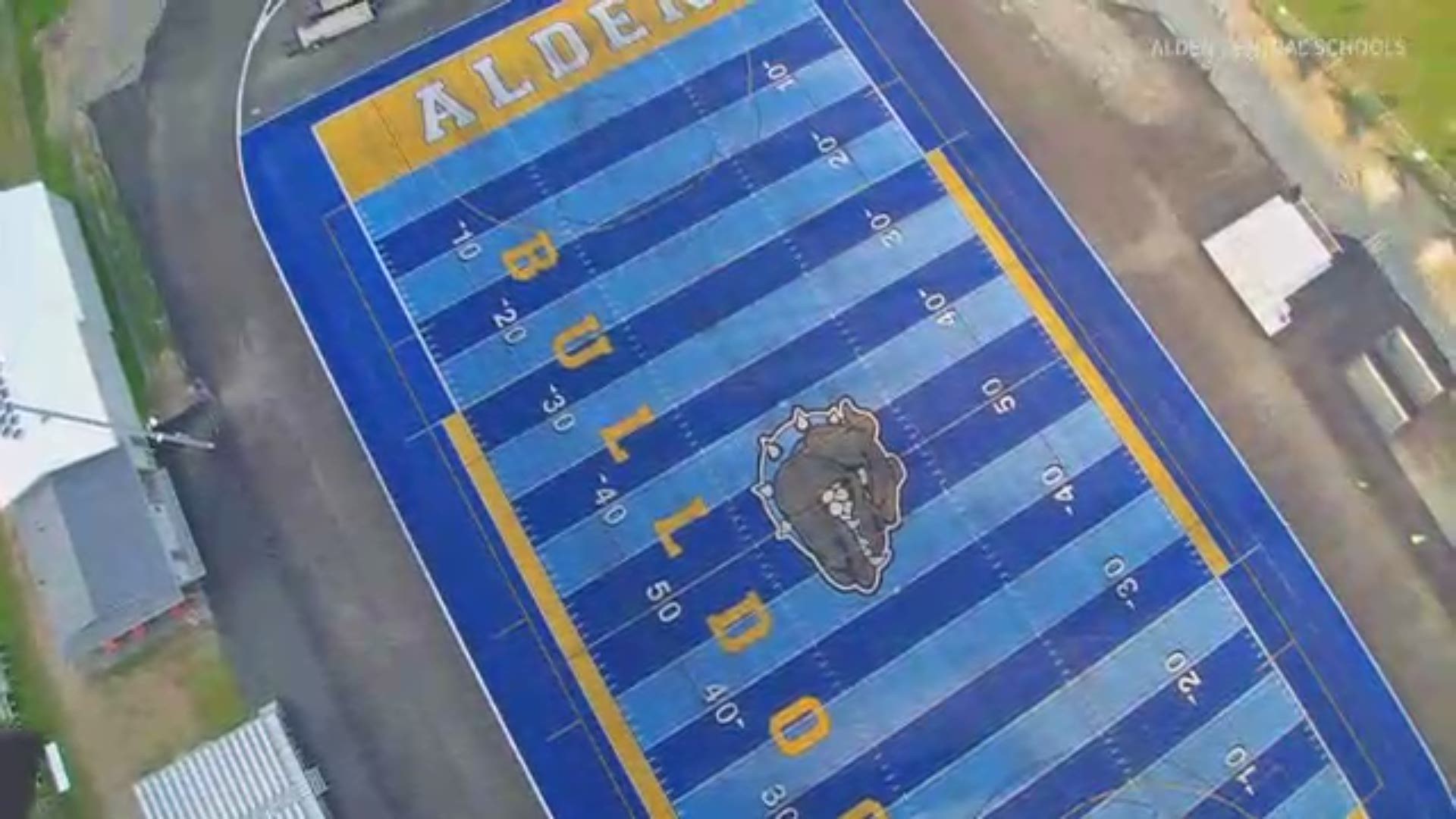 The Alden High School Bulldogs have a brand new, eye-catching turf field for football and soccer.
The district skipped the regular green turf and opted for school colors instead — bright blue with yellow end zones.