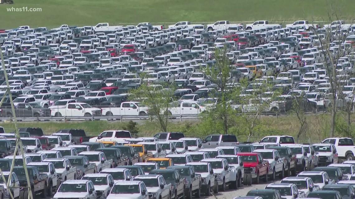 Sea of Ford trucks parked Kentucky Speedway amid chip shortage
