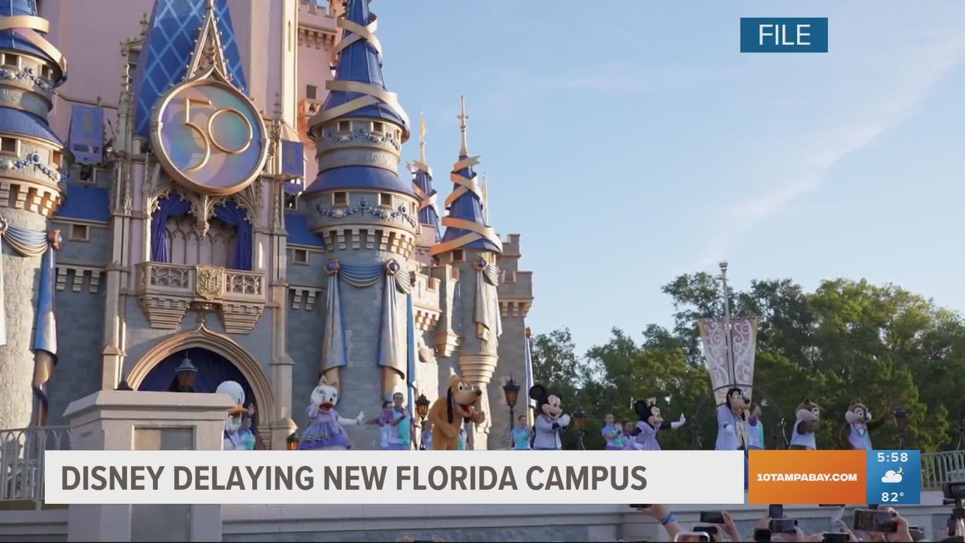 The Walt Disney Co. is delaying by more than three years the opening of a campus in Florida to which 2,000 workers were being relocated from Southern California.