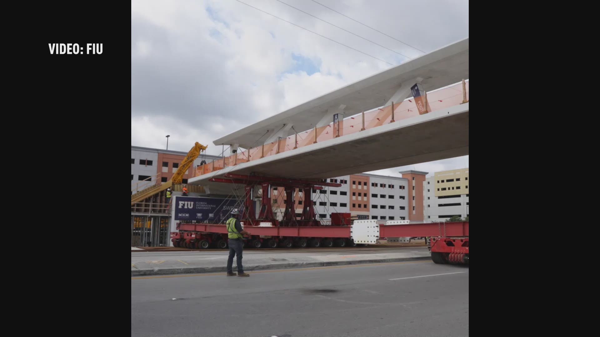 A 950-ton section of a new bridge at Florida International University was put into place on March 10. FIU shared this video of the installation. The bridge collapsed days later. (FIU)