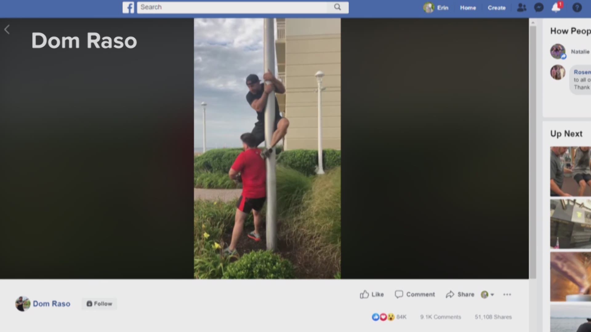A Navy SEAL climbed a flag pole at the Virginia Beach Oceanfront to fix an American flag. He finally made it to the top after three failed attempts. (Video Credit: Dom Raso on Facebook)